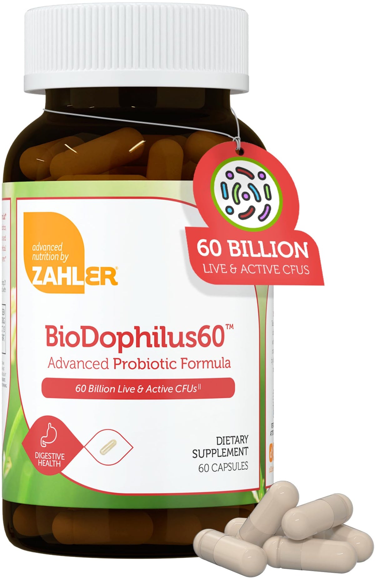 BioDophilus60 de Zahler, cápsulas en botella, posible apoyo a la salud digestiva diaria.