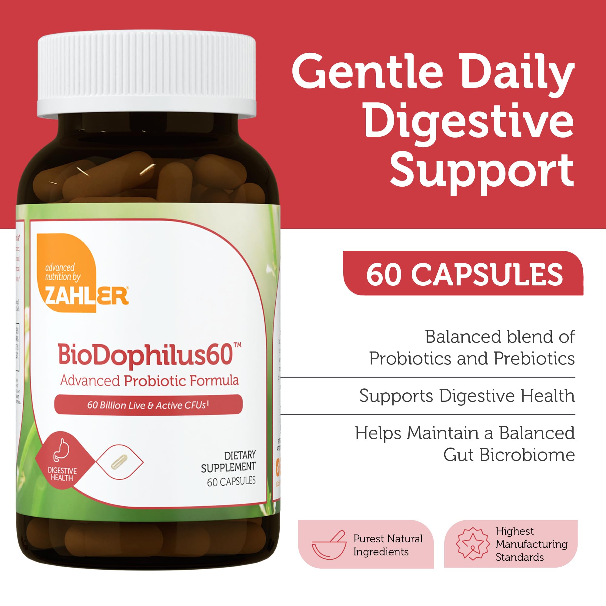 Zahler BioDophilus60, etiqueta de ingredientes, información clara sobre cepas y prebióticos.
