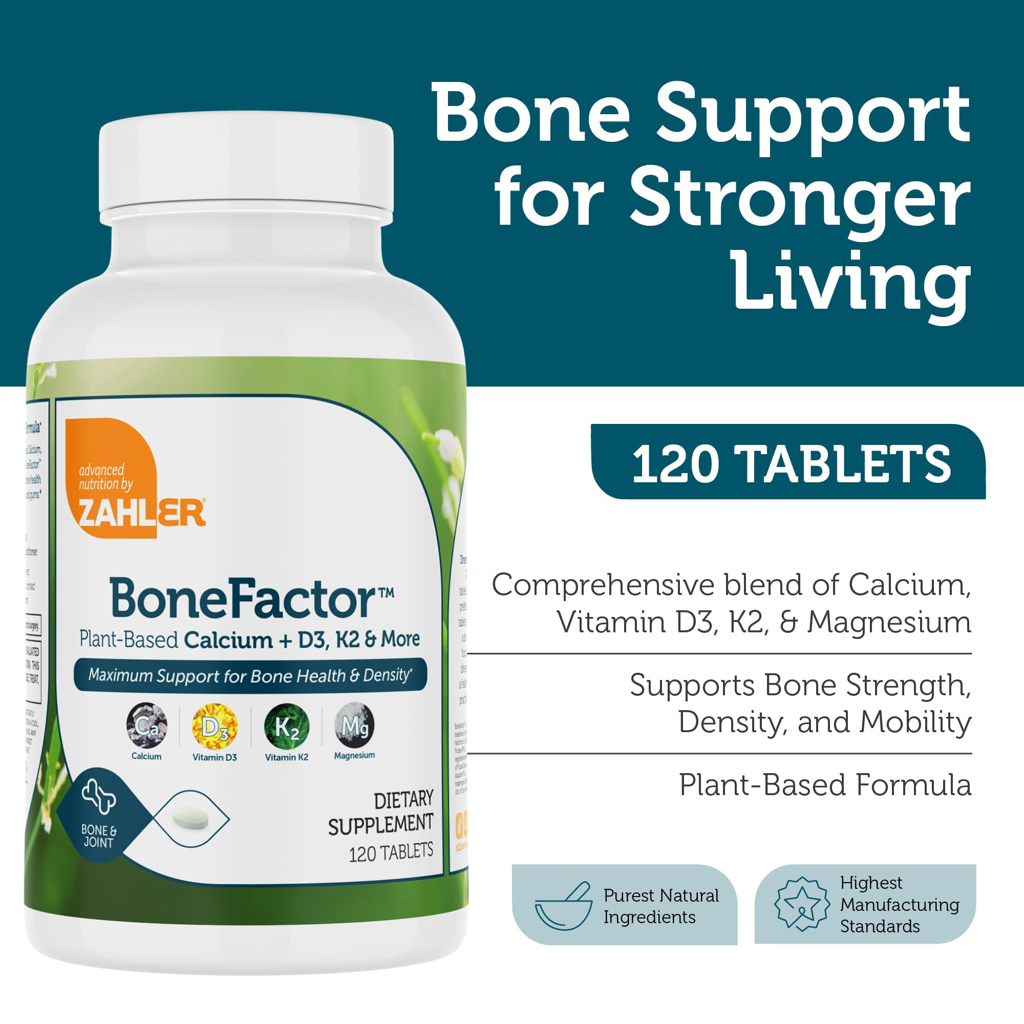 Zahler Bonefactor con vitamina D3 y K2 ayuda a absorber y dirigir el calcio.