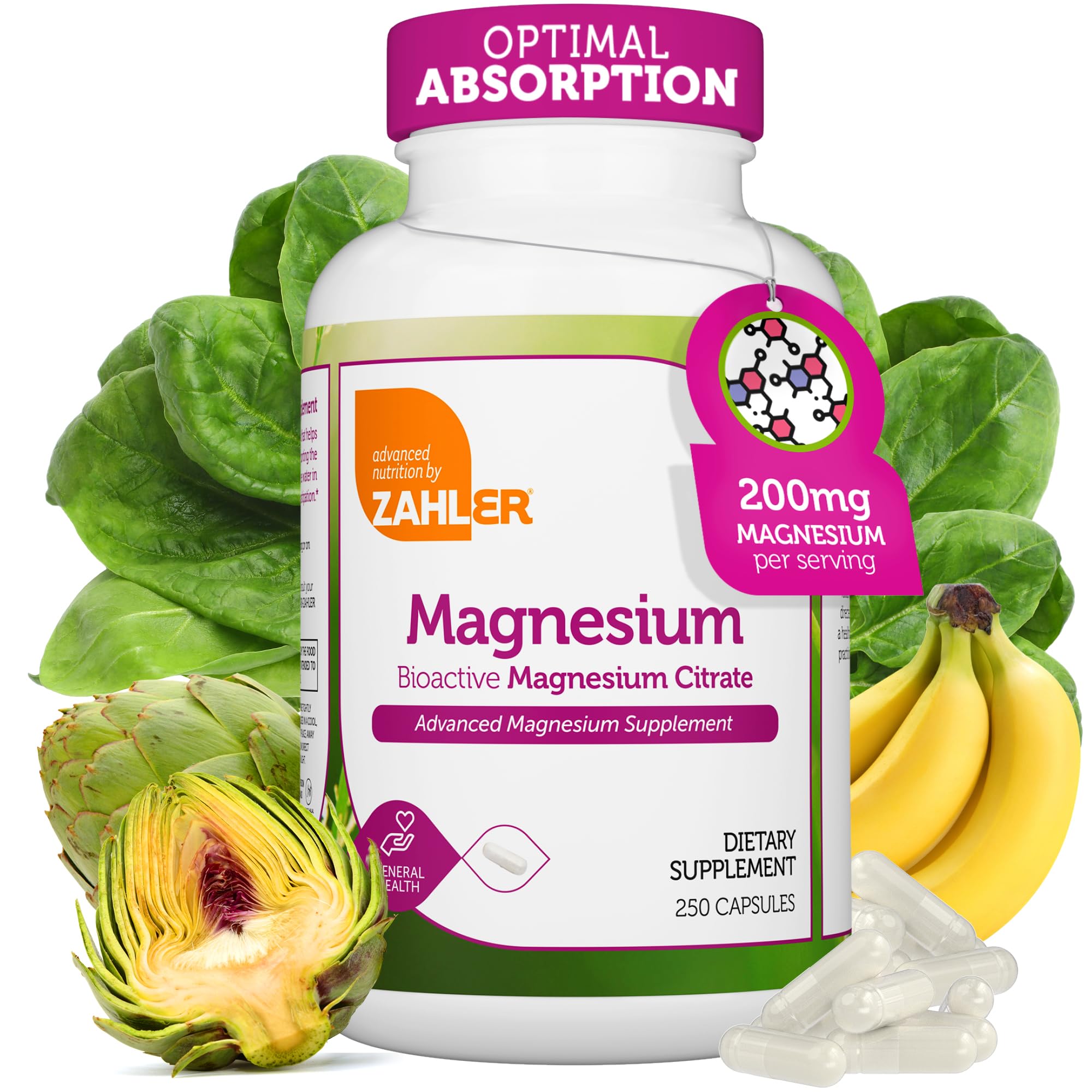 Zahler cápsulas de magnesio citrato 200 mg para absorción óptima.