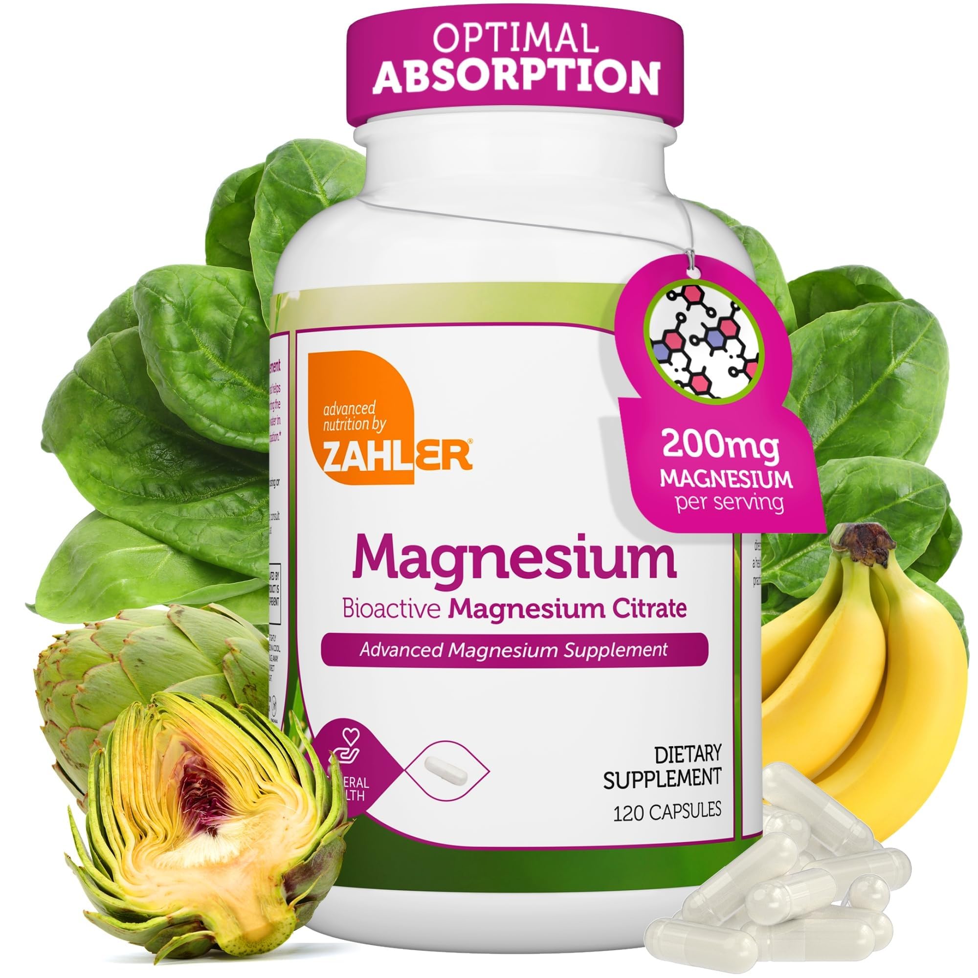 Cápsulas Zahler de magnesio citrato bioactivo 200 mg para absorción óptima.