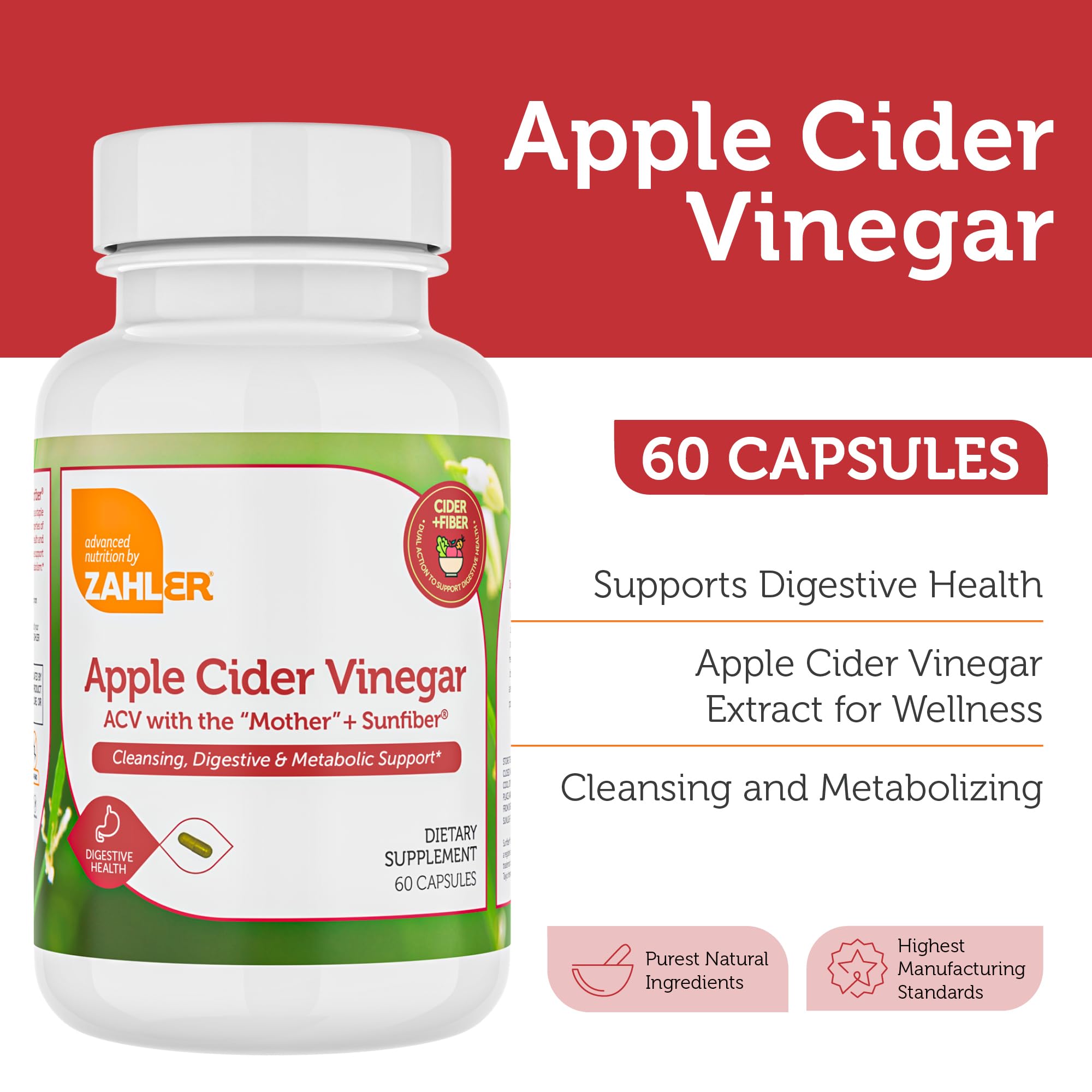 Zahler cápsulas con vinagre de manzana y fibra, primer plano para apoyo digestivo diario.