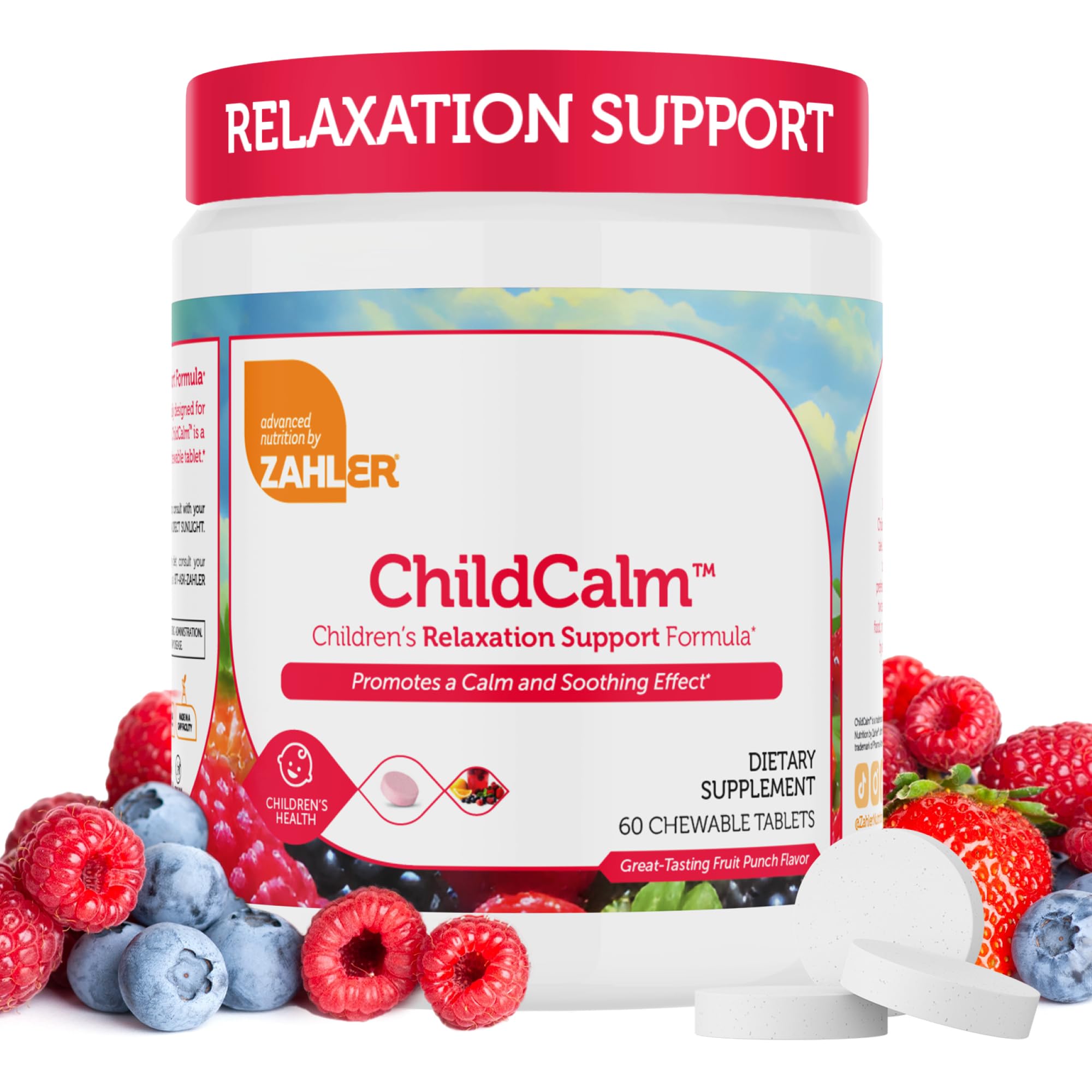 Zahler ChildCalm fruta-punch, botella con tabletas, sabor para niños y calma suave.
