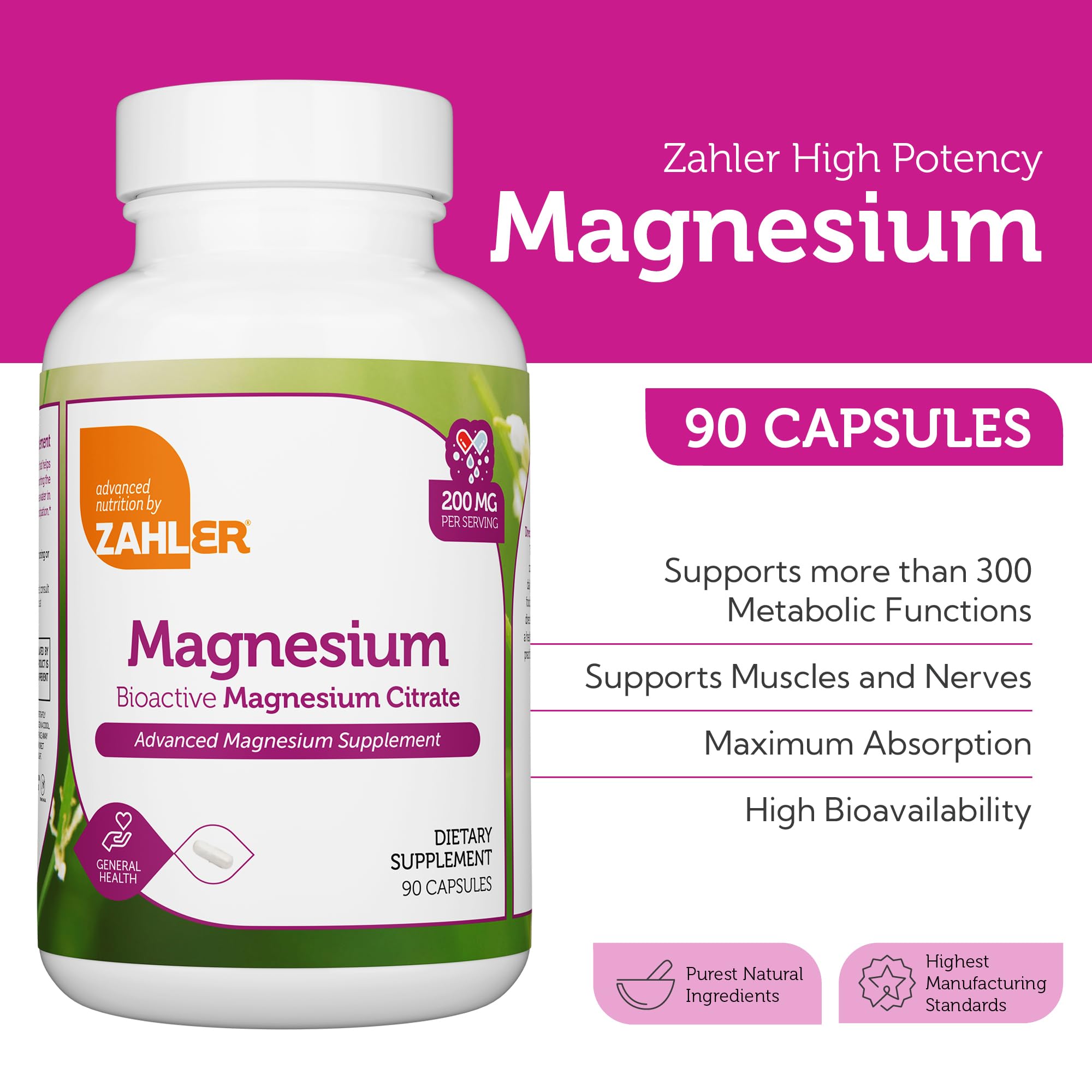 Zahler Citrato de Magnesio Bioactivo 200 mg, cápsulas fáciles de tragar