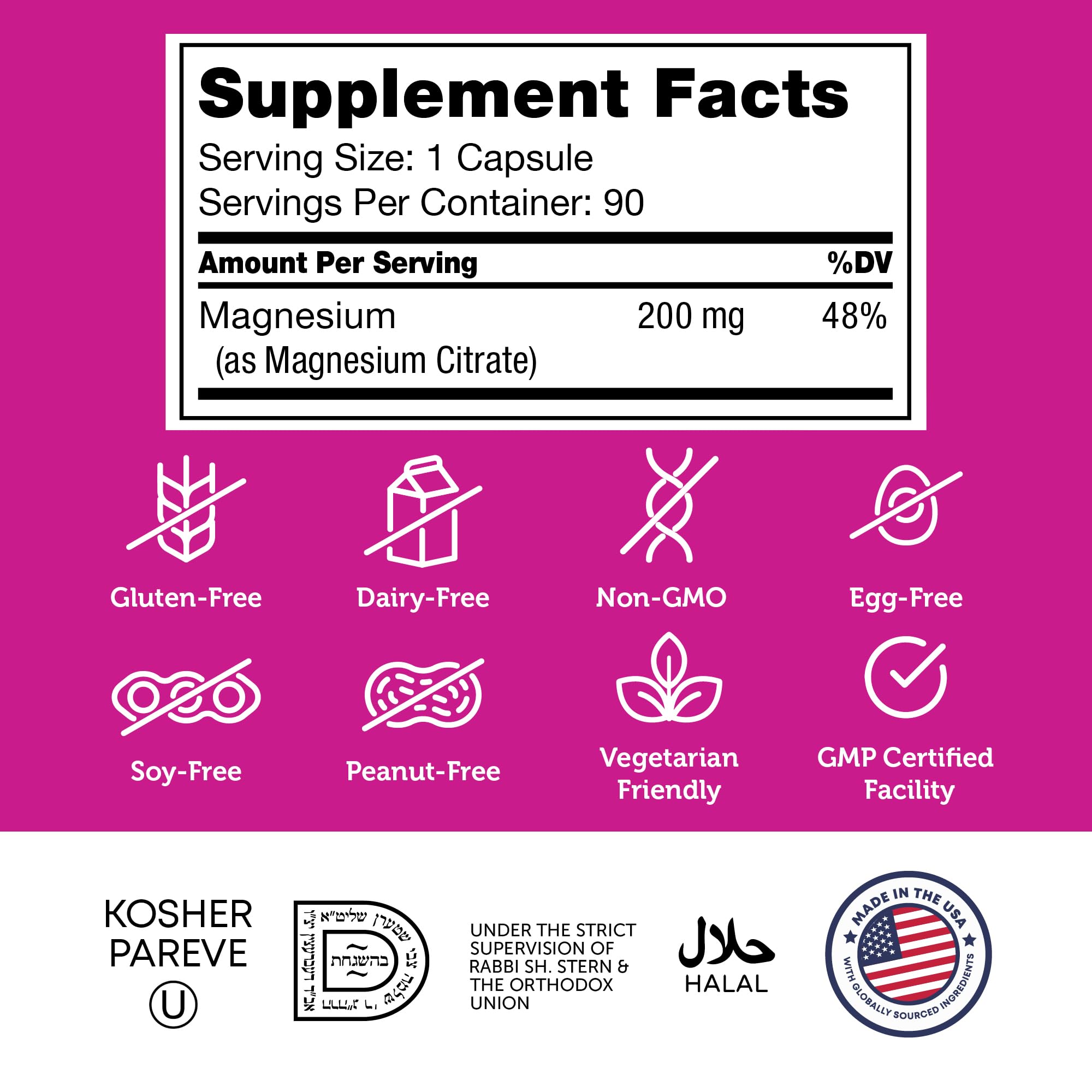 Zahler Citrato de Magnesio Bioactivo 200 mg, libre de gluten, lácteos y soja