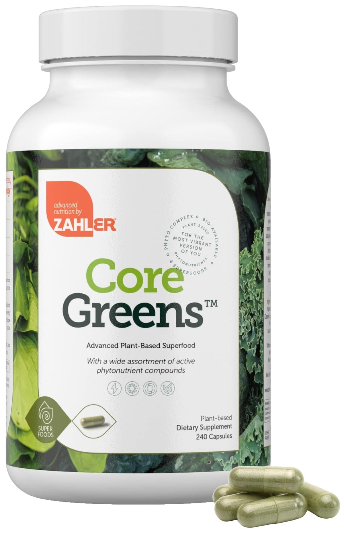 Zahler Core Greens: botella frontal, fuente conveniente de nutrientes vegetales para la rutina diaria.