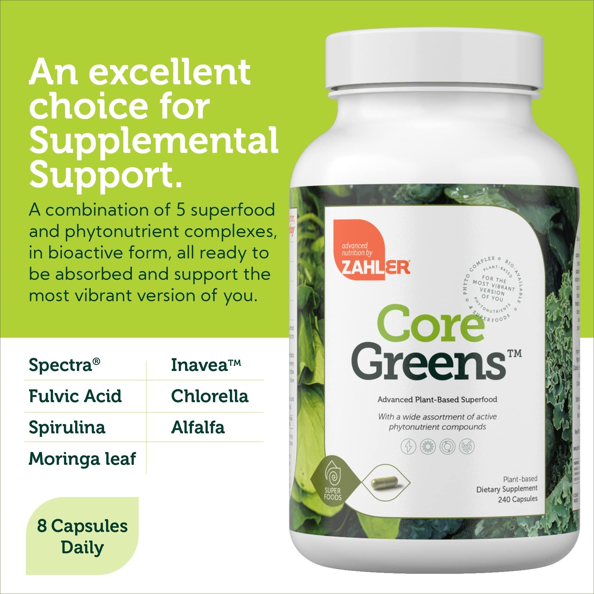 Zahler Core Greens, dosis diaria, soporte de nutrición vegetal y proteína.