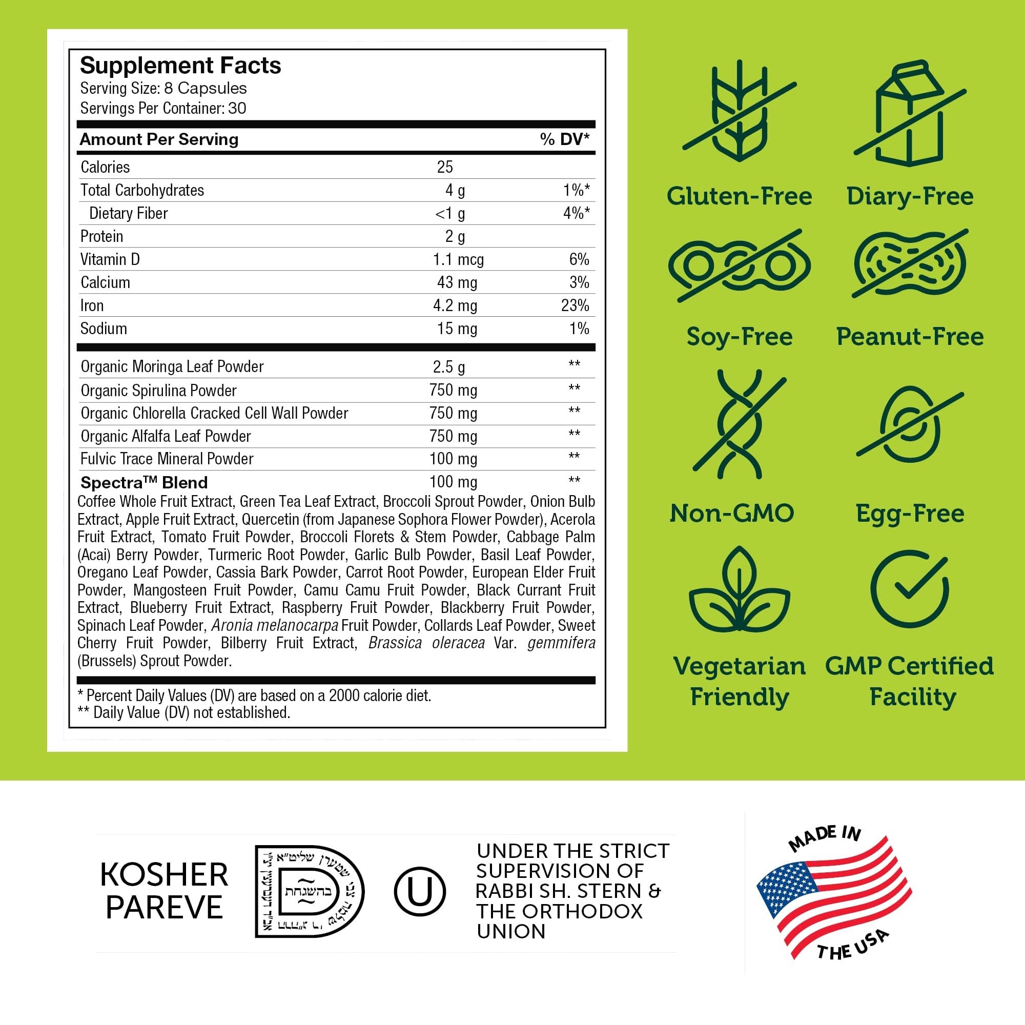 Zahler Core Greens, envase kosher, apto para dietas veganas y sin gluten.