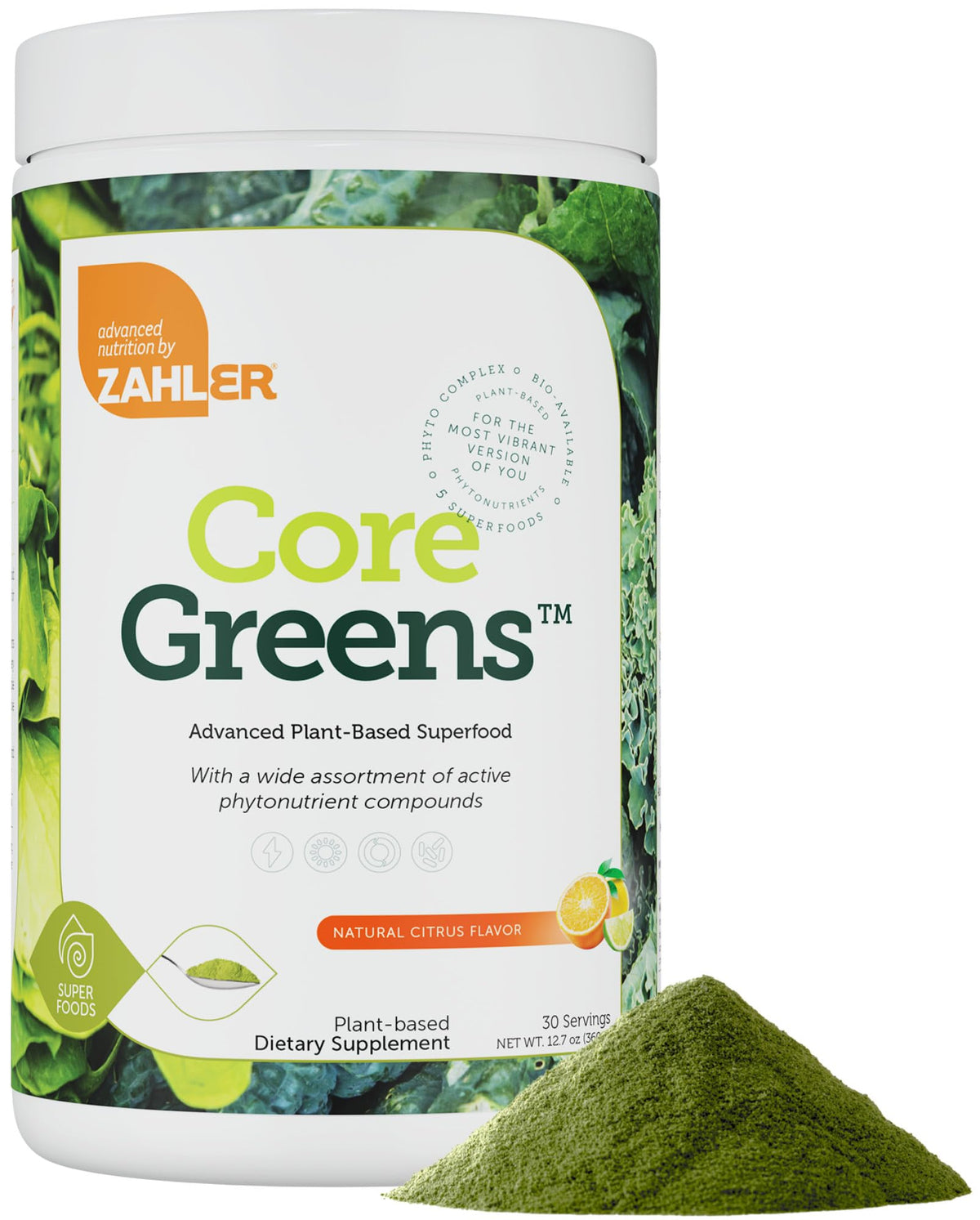 Zahler Core Greens envase mostrando suplemento verde para energía diaria