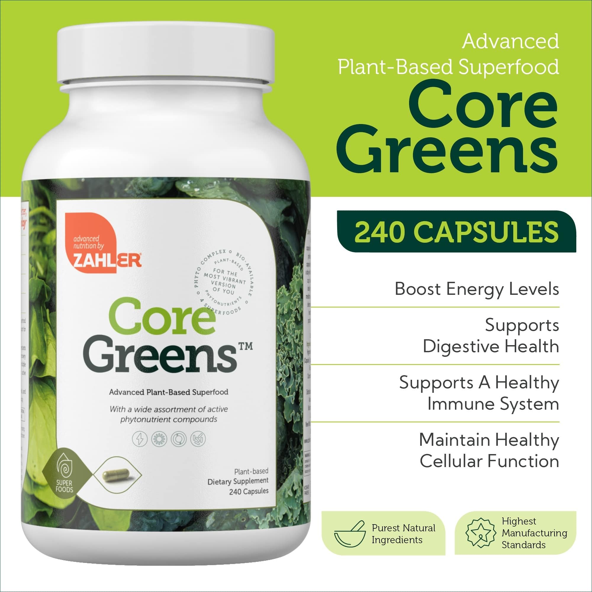 Zahler Core Greens, etiqueta de ingredientes, muestra spirulina, chlorella y antioxidantes.