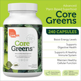 Zahler Core Greens, etiqueta de ingredientes, muestra spirulina, chlorella y antioxidantes.