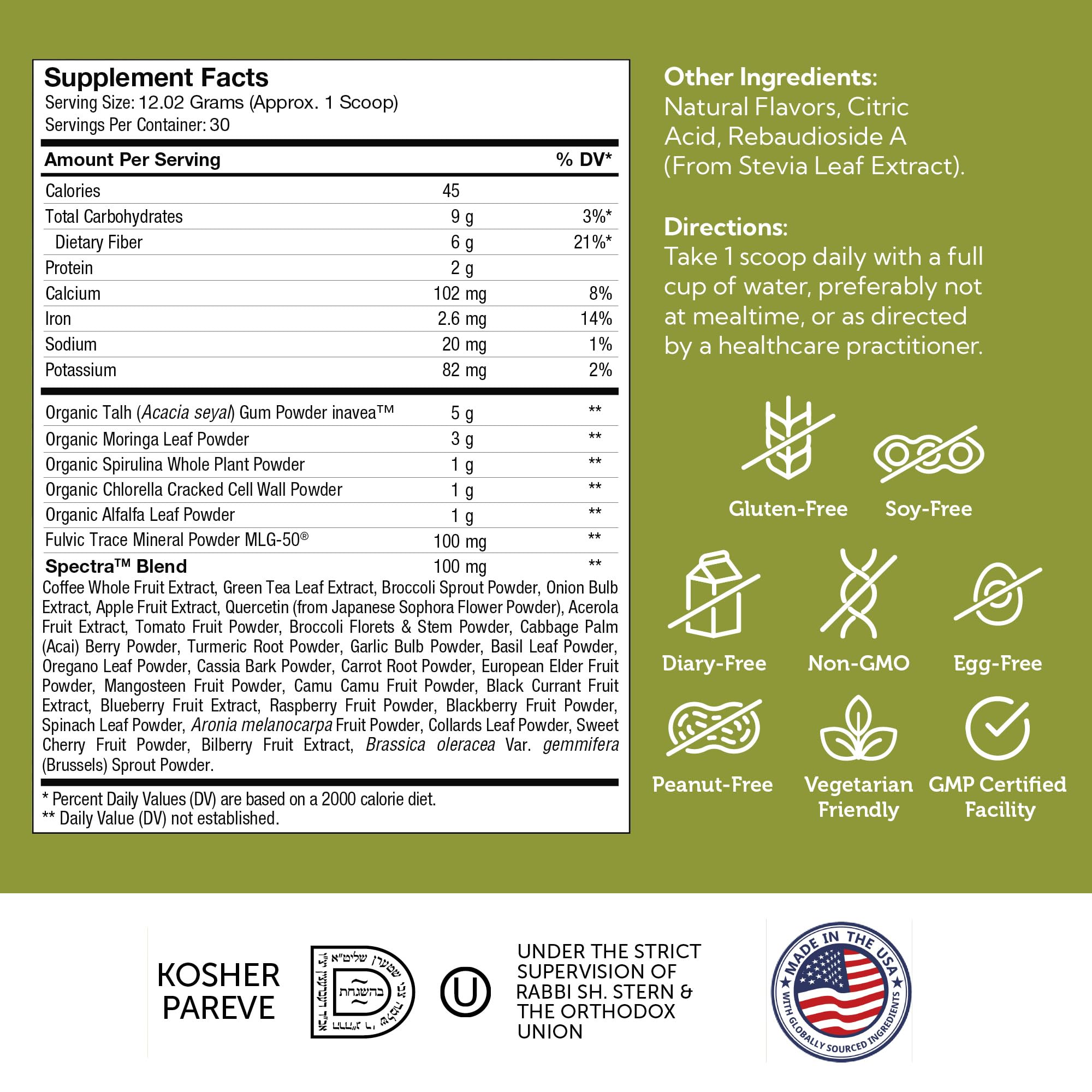 Zahler Core Greens etiqueta kosher, certificado y apto para dietas diversas