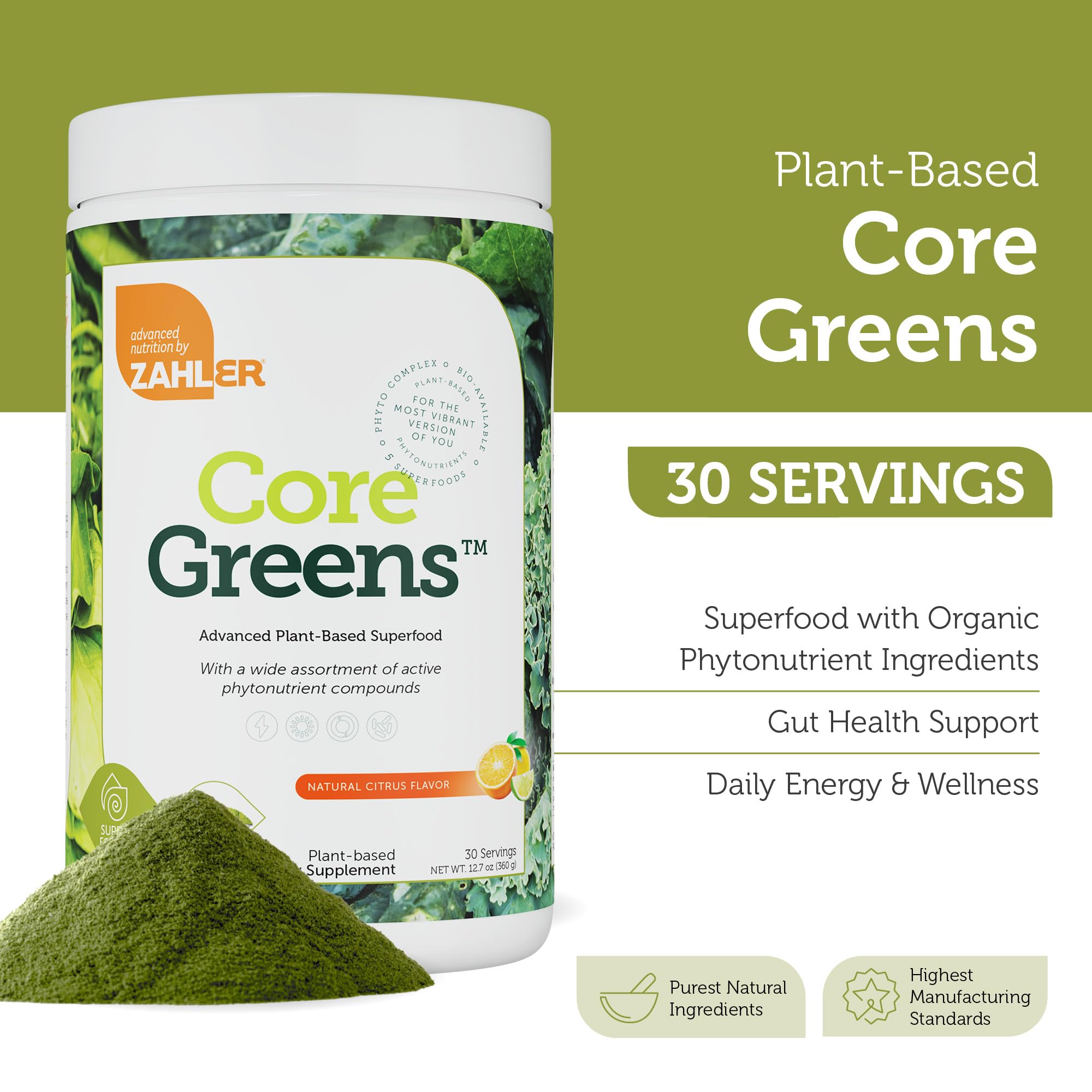 Zahler Core Greens ingredientes-clorofila con spirulina para vitalidad diaria