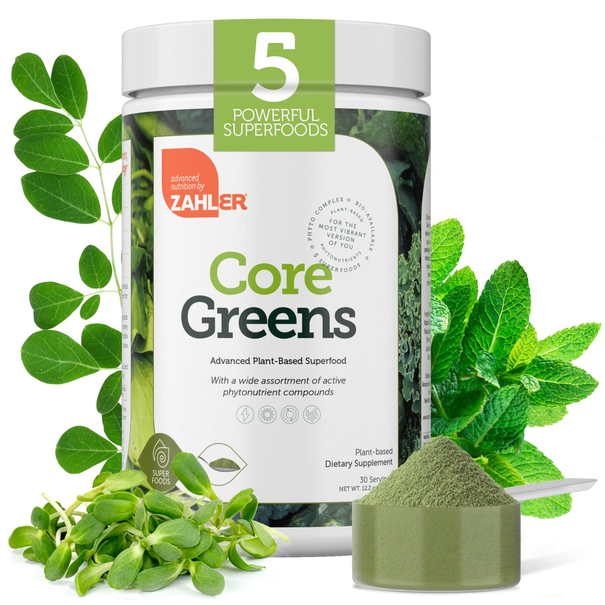 Zahler Core Greens empaque frontal para energía diaria y nutrición natural