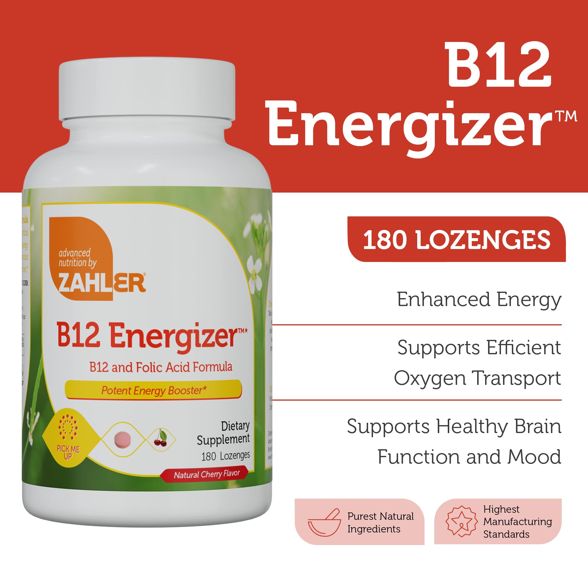 Zahler Energizer B12 5000 mcg, disolución rápida para energía sostenida.