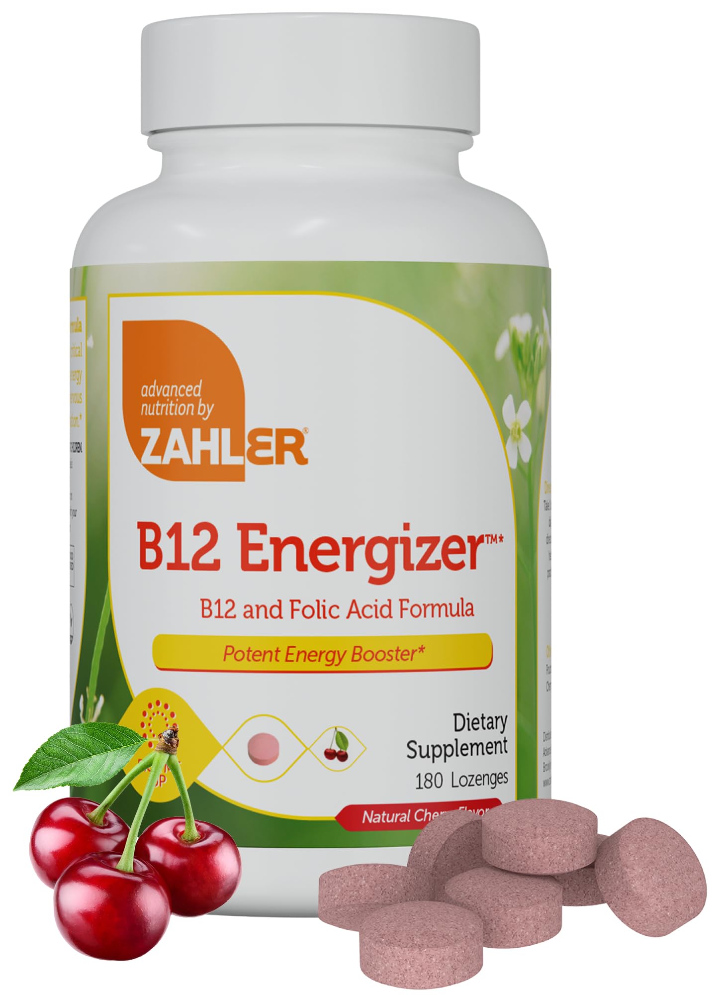 Zahler Energizer B12 5000 mcg tableta disoluble sabor cereza para energía rápida.