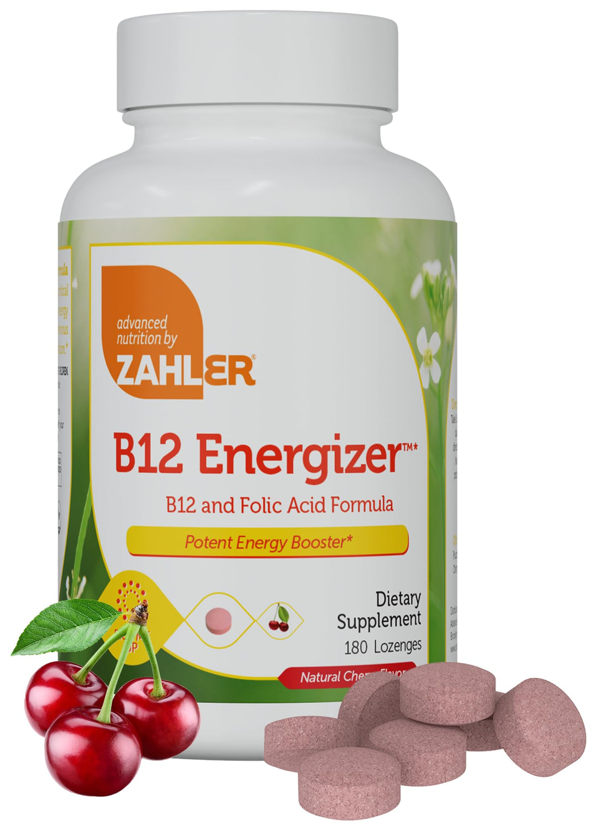Zahler Energizer B12 5000 mcg tableta disoluble sabor cereza para energía rápida.
