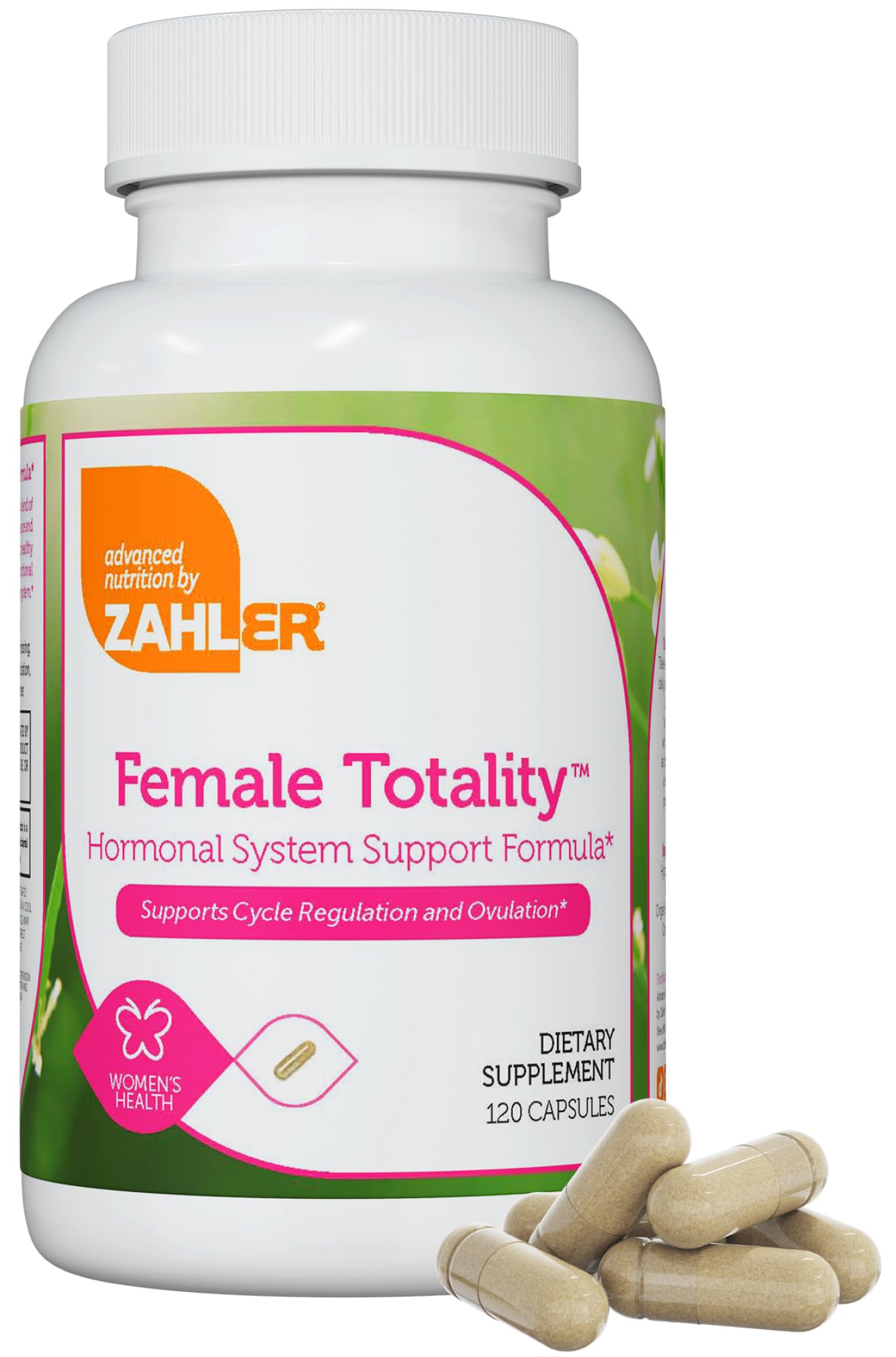 Zahler Female Totality, botella de cápsulas para apoyar el equilibrio hormonal diario.