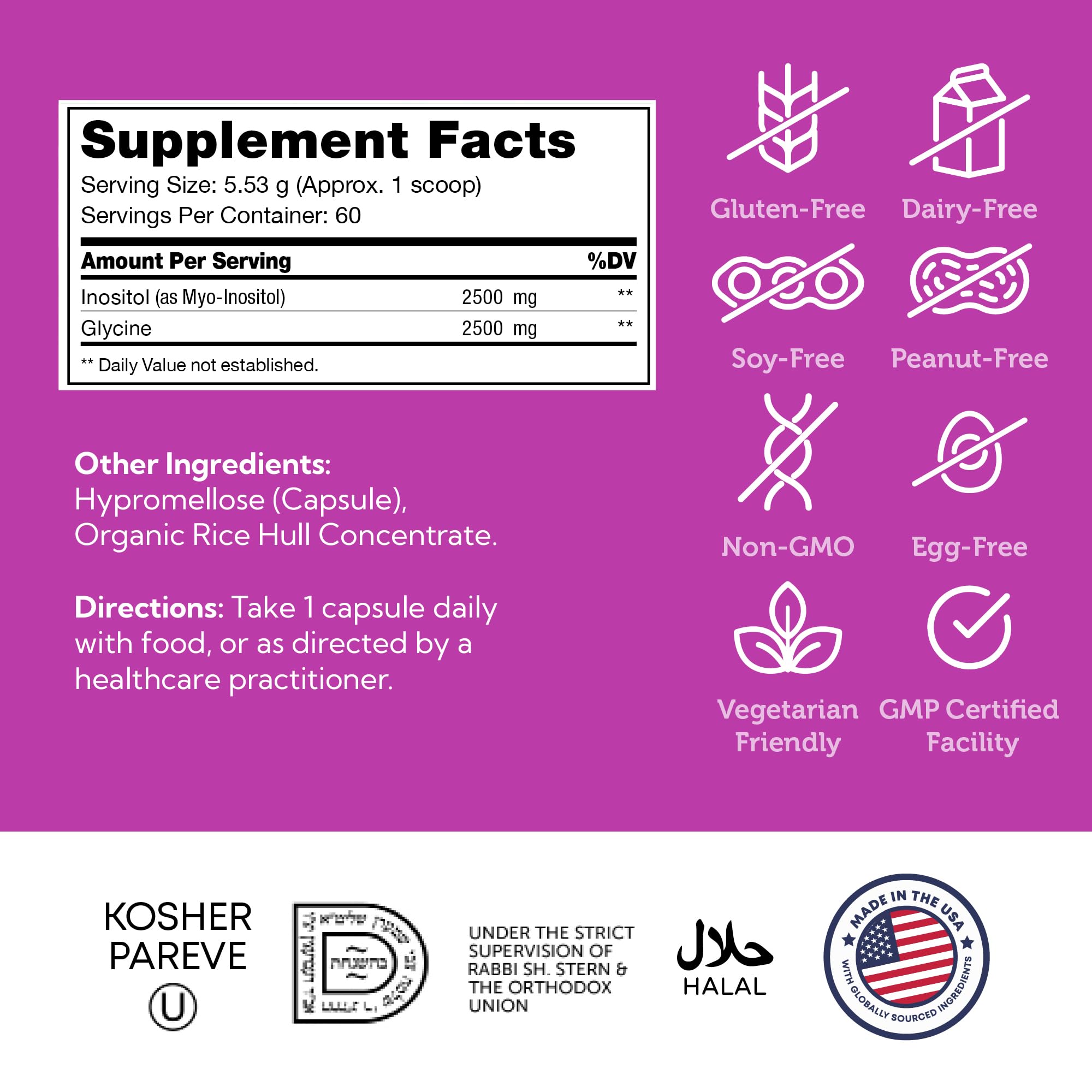 Frente del bote Zahler Inositol 1000mg, uso diario antes de comer.