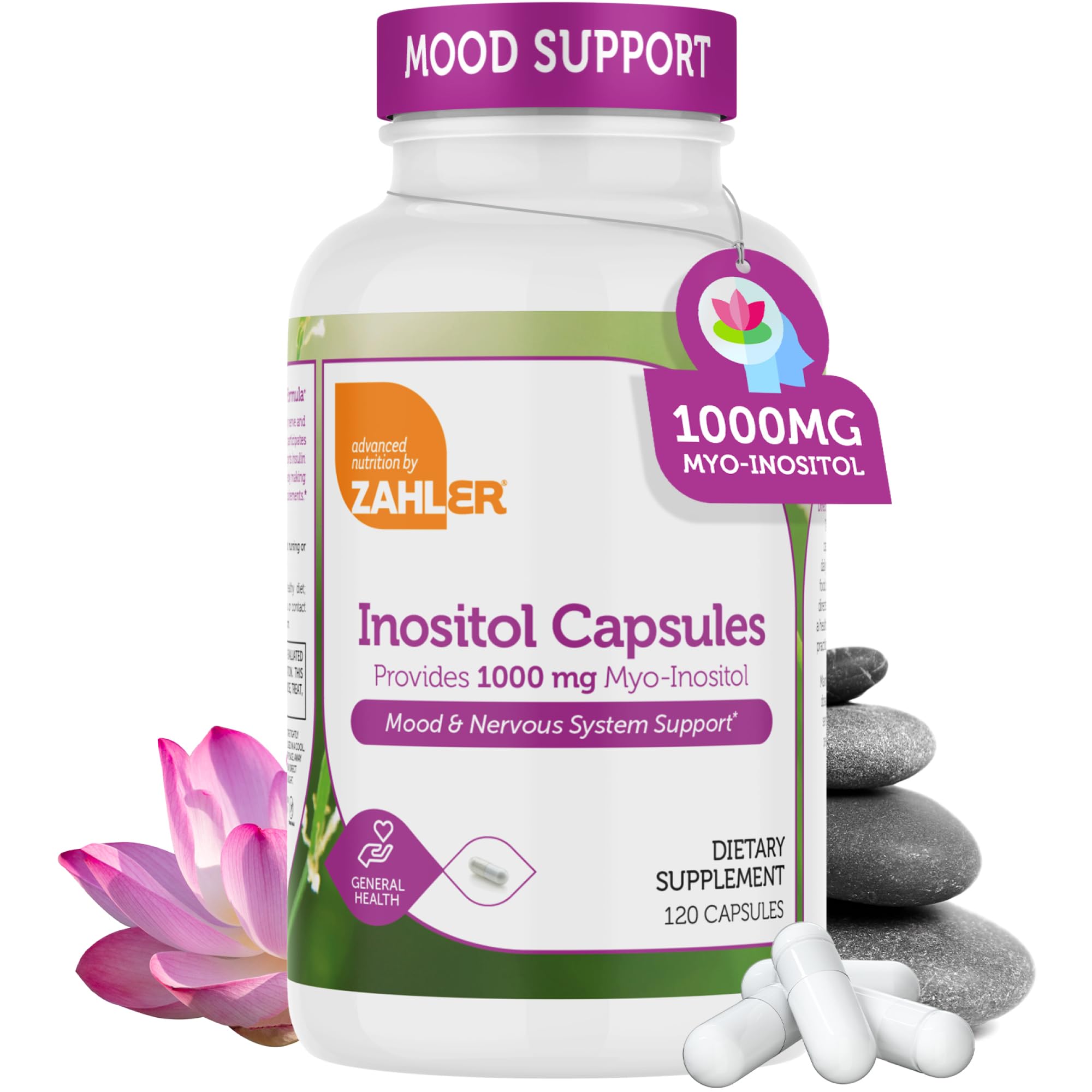 Zahler Inositol cápsulas 1000mg, frente del bote, apoyo potencial al estado de ánimo.
