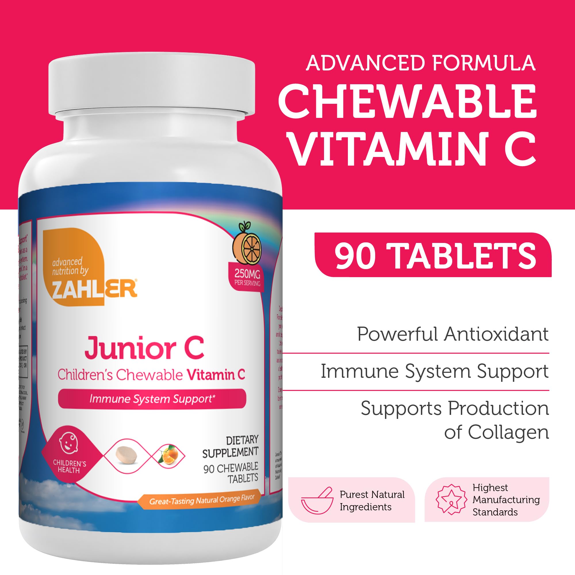 Tabletas masticables Zahler Junior C Avanzado, sabor naranja, fáciles de tomar para niños.