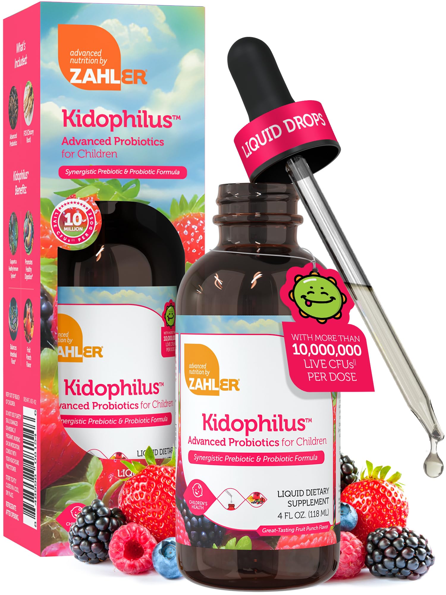 Zahler Kidophilus: botella con sabor fruta-punch para uso diario y fácil administración