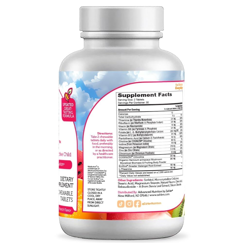 Zahler KidsActive ingredientes vitaminas y minerales para apoyo nutricional