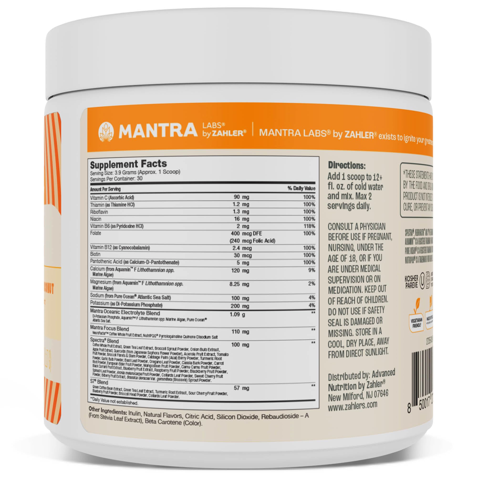 Zahler Mantra Rise: sabor cítrico coco para energía y enfoque durante actividades.