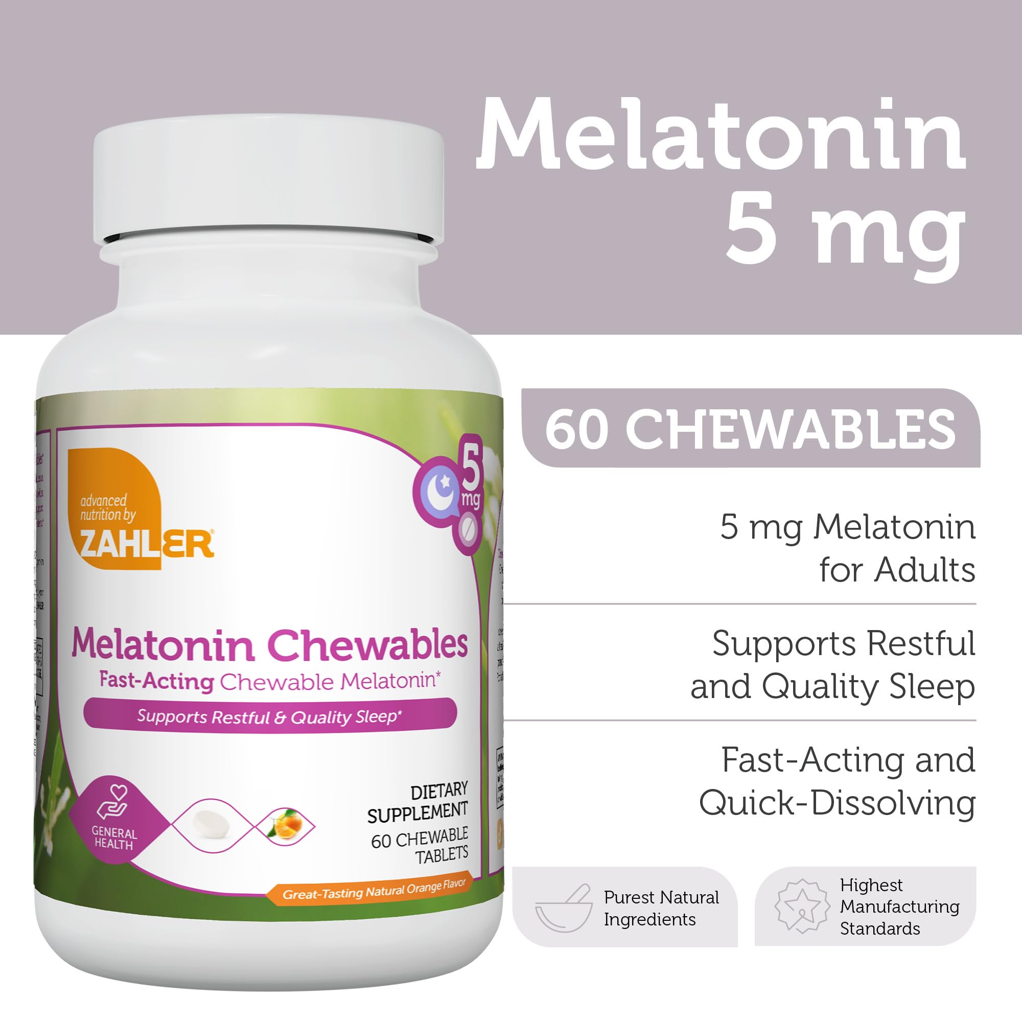 Zahler Melatonina 5mg, dorso de las tabletas, información de certificaciones