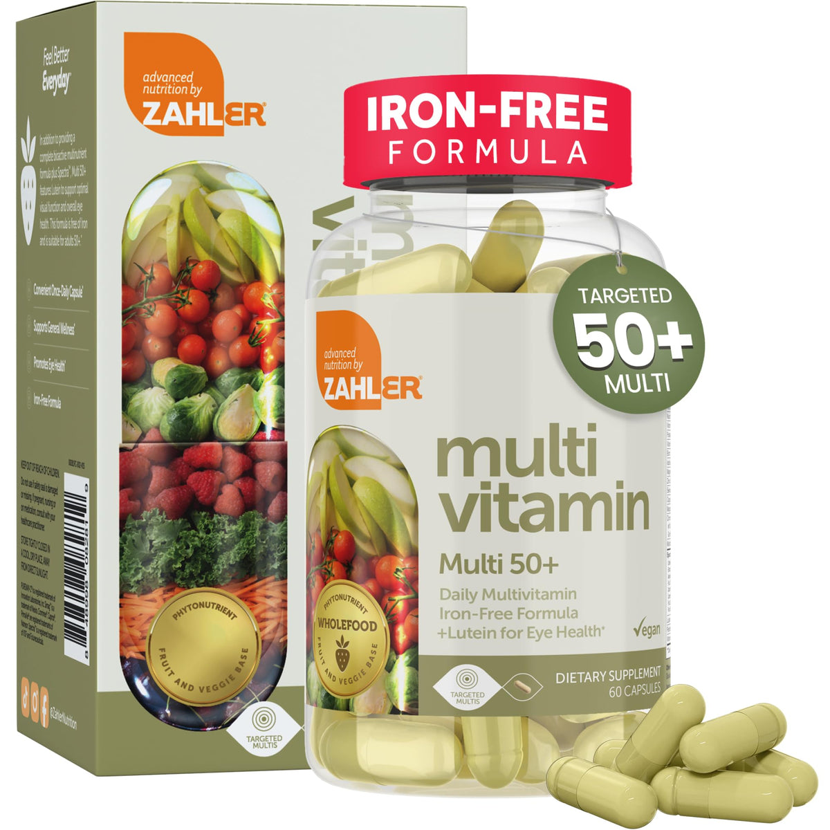 Zahler Multivitamin 50+ cápsulas para apoyo nutricional diario.