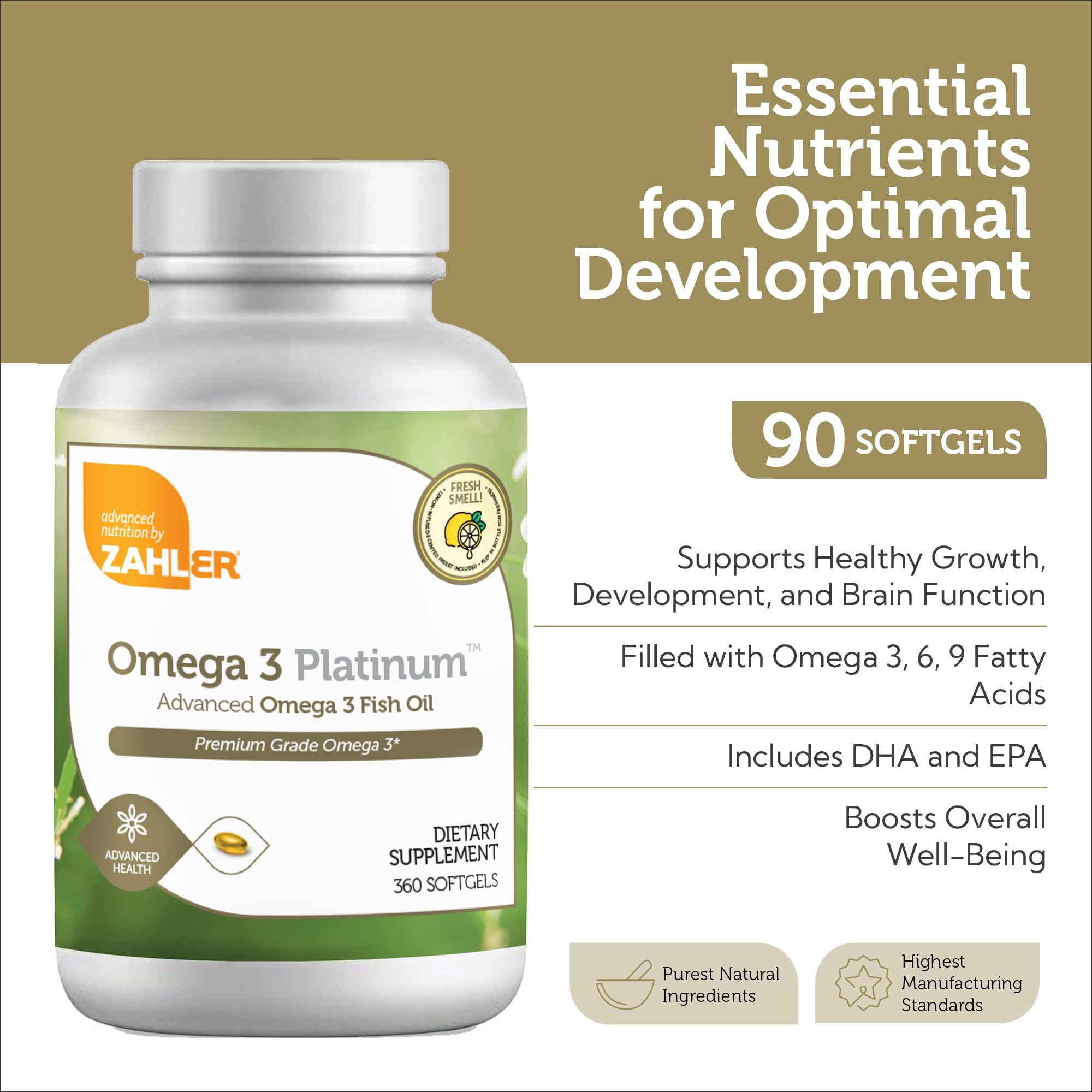 Etiqueta clara de Zahler Omega-3 con información de EPA y DHA