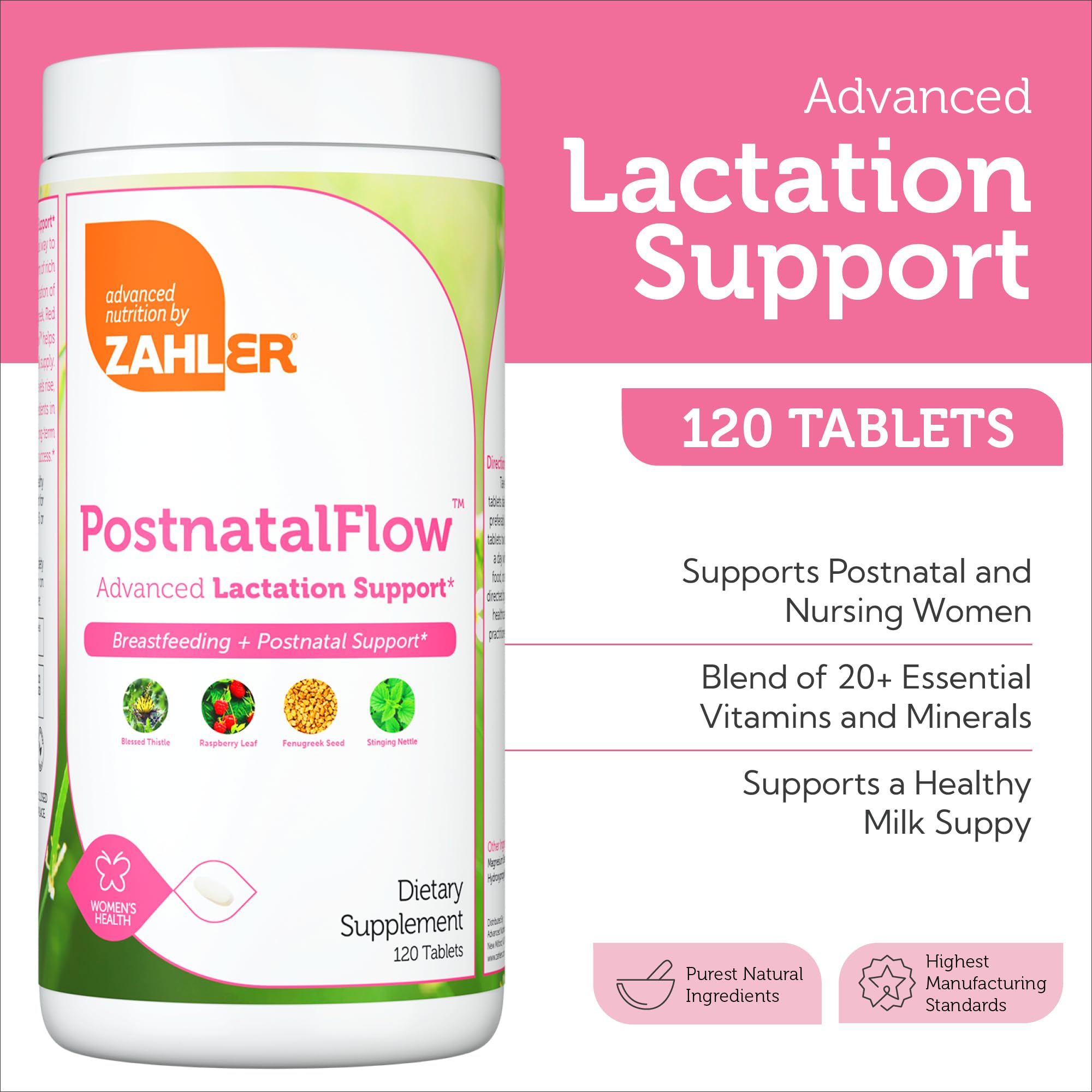 Etiqueta Zahler Postnatal Flow con certificaciones, libre de alérgenos