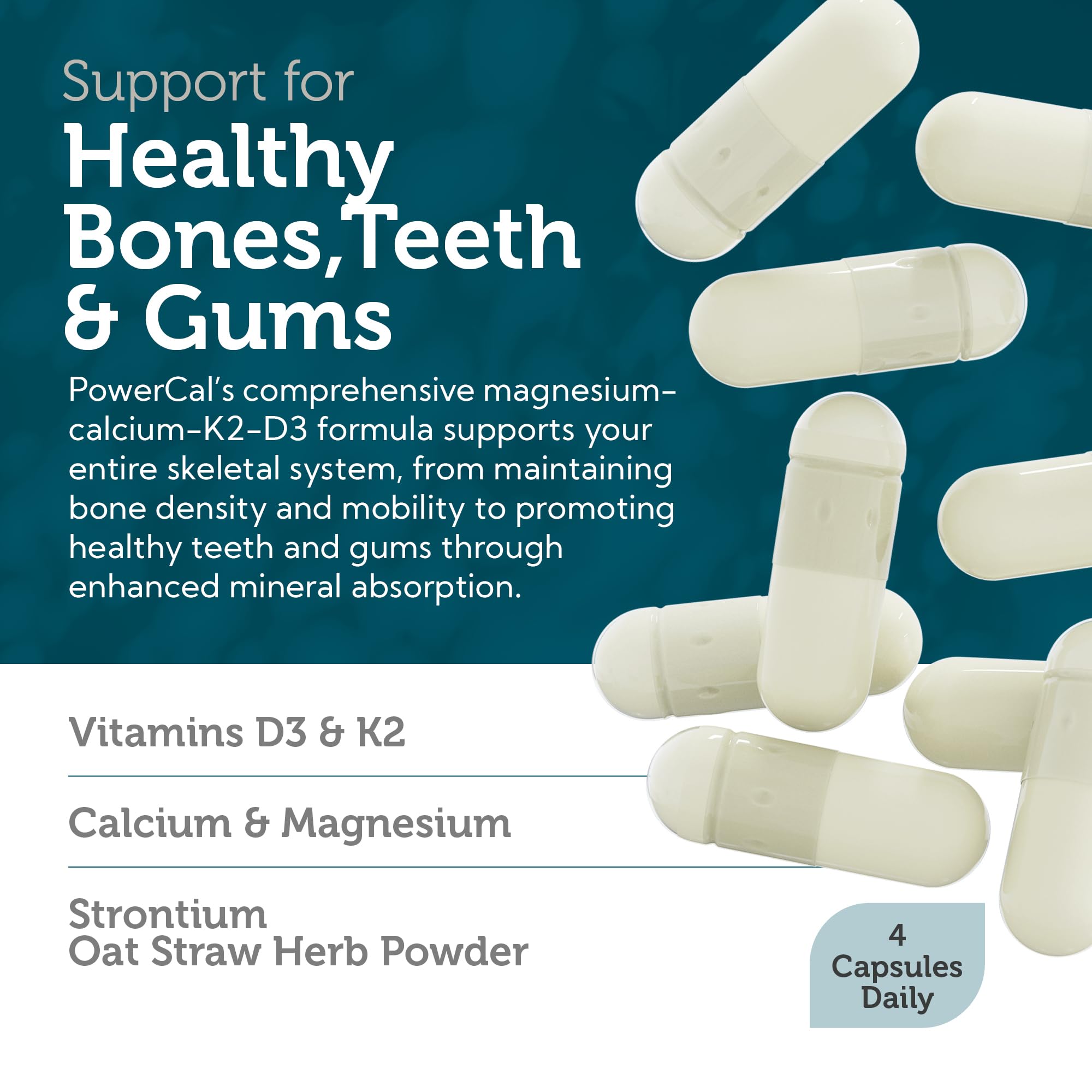 Etiqueta Zahler PowerCal muestra ingredientes y beneficios para dientes y huesos.