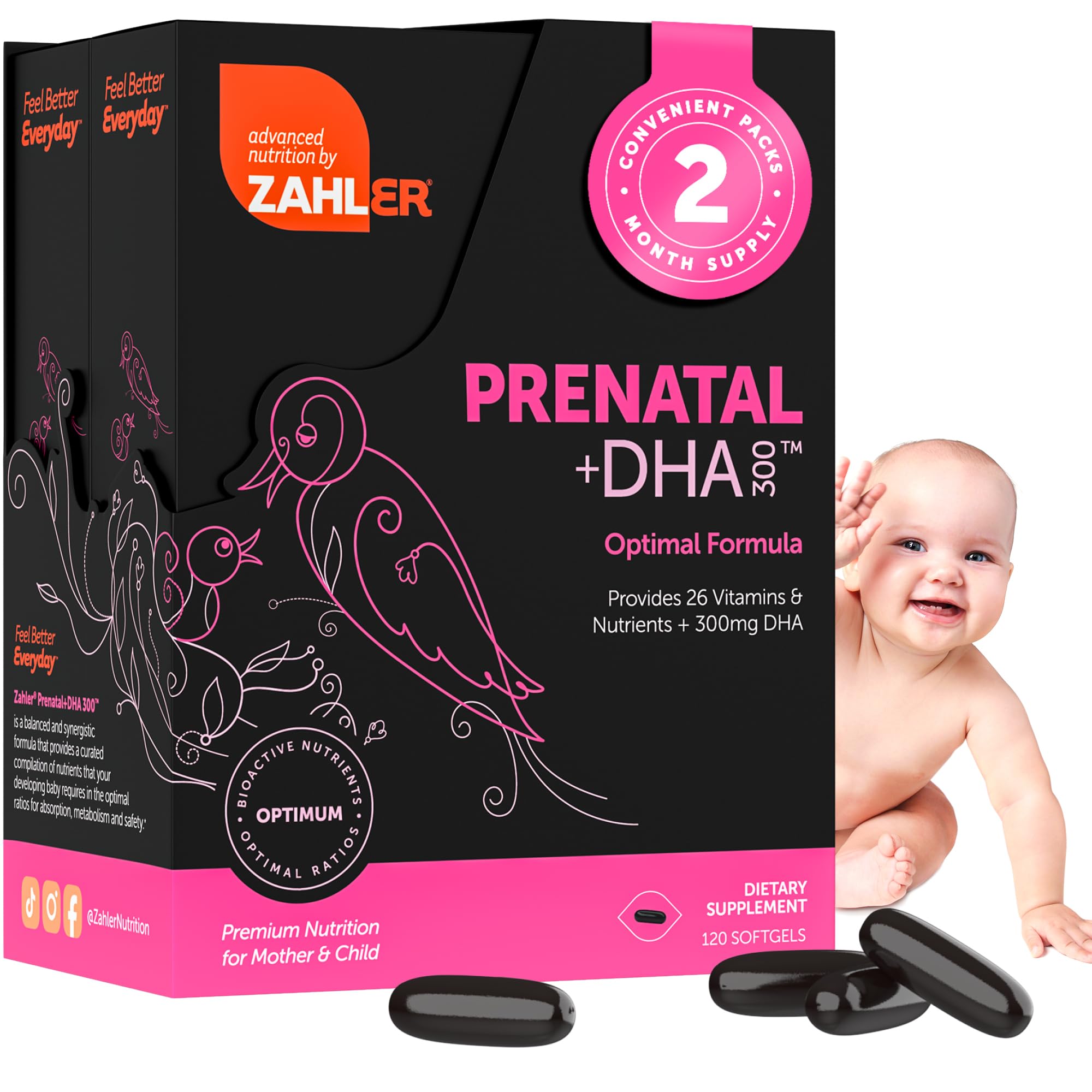 Zahler Prenatal DHA en cápsulas, nutrición esencial durante el embarazo.