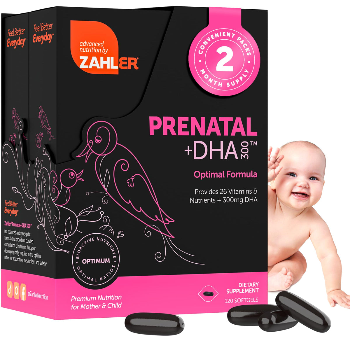 Zahler Prenatal DHA en cápsulas, nutrición esencial durante el embarazo.