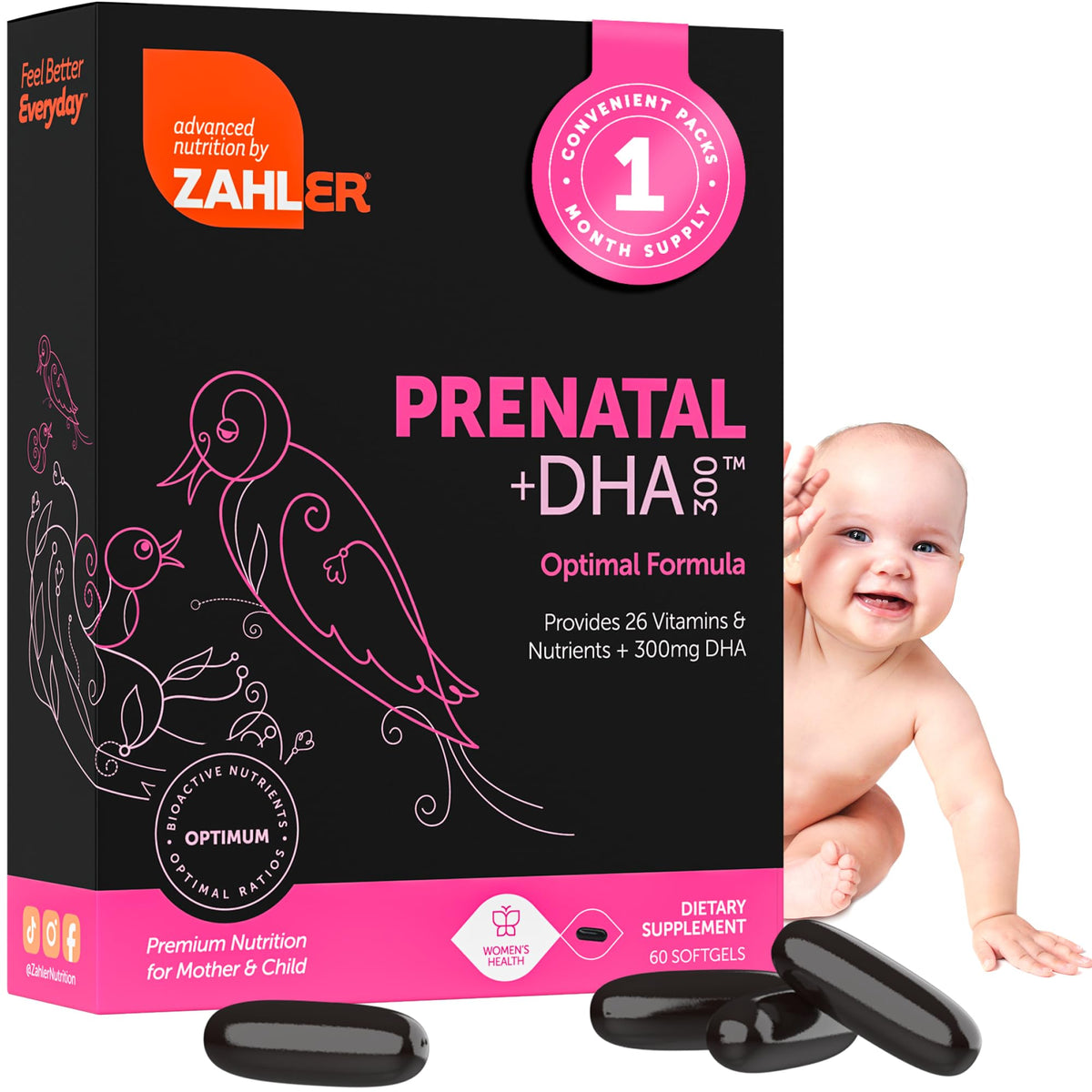 Zahler Prenatal con DHA y Folato: botella visible, nutrición para madre e hijo durante el embarazo