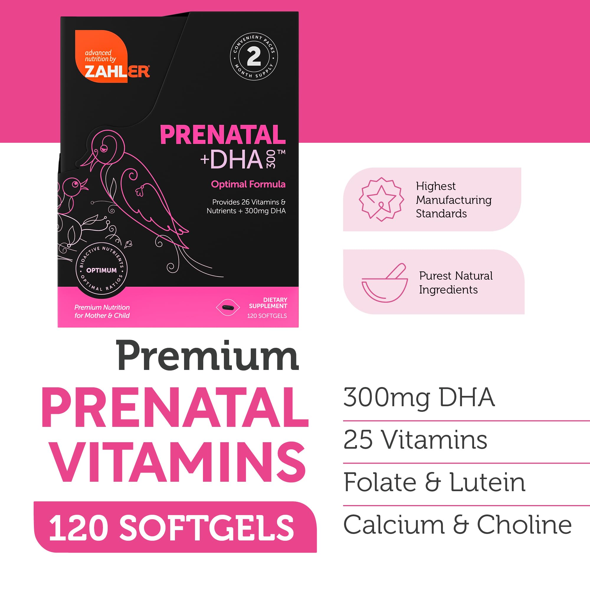 DHA y folato Zahler Prenatal, porción diaria recomendada para la gestación.