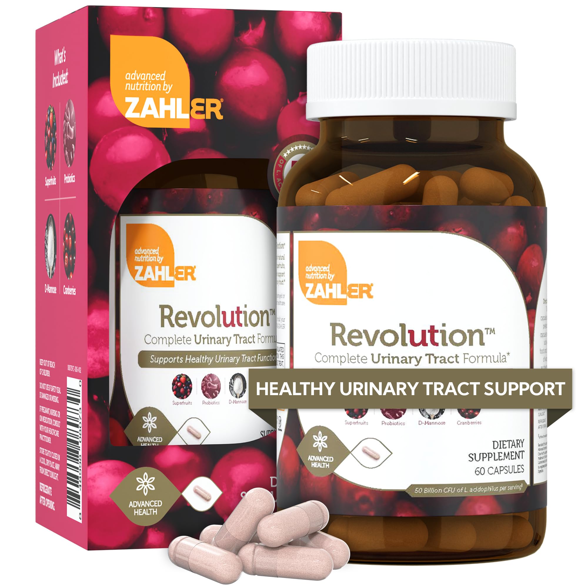 Caja de Zahler Revolution, vista frontal, solución integral para la salud urinaria femenina.