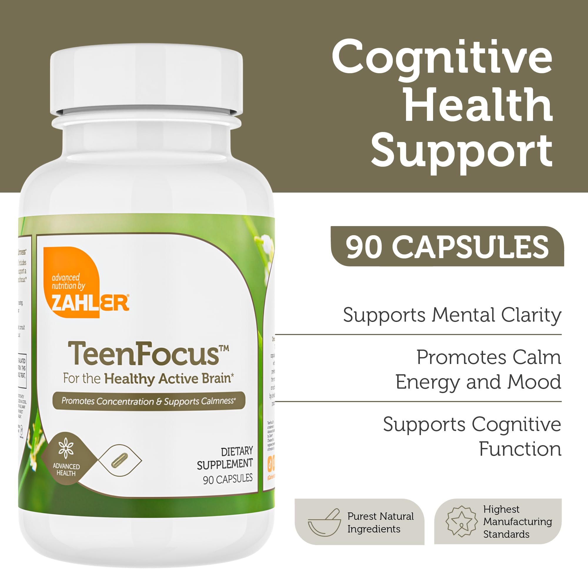 Zahler TeenFocus etiqueta de ingredientes, claridad mental y enfoque sostenido.