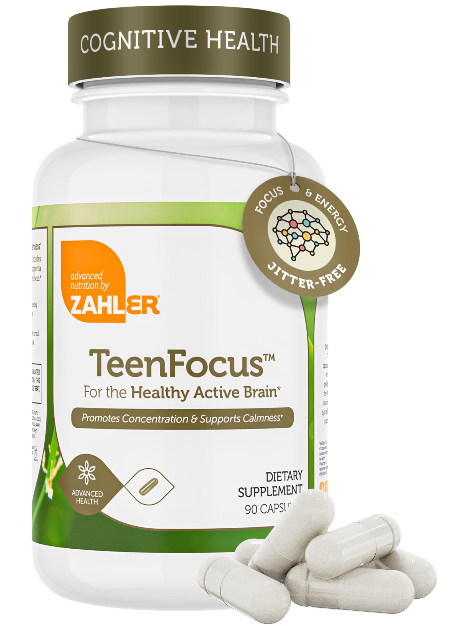 Zahler TeenFocus frasco con 90 cápsulas para concentración en estudio.
