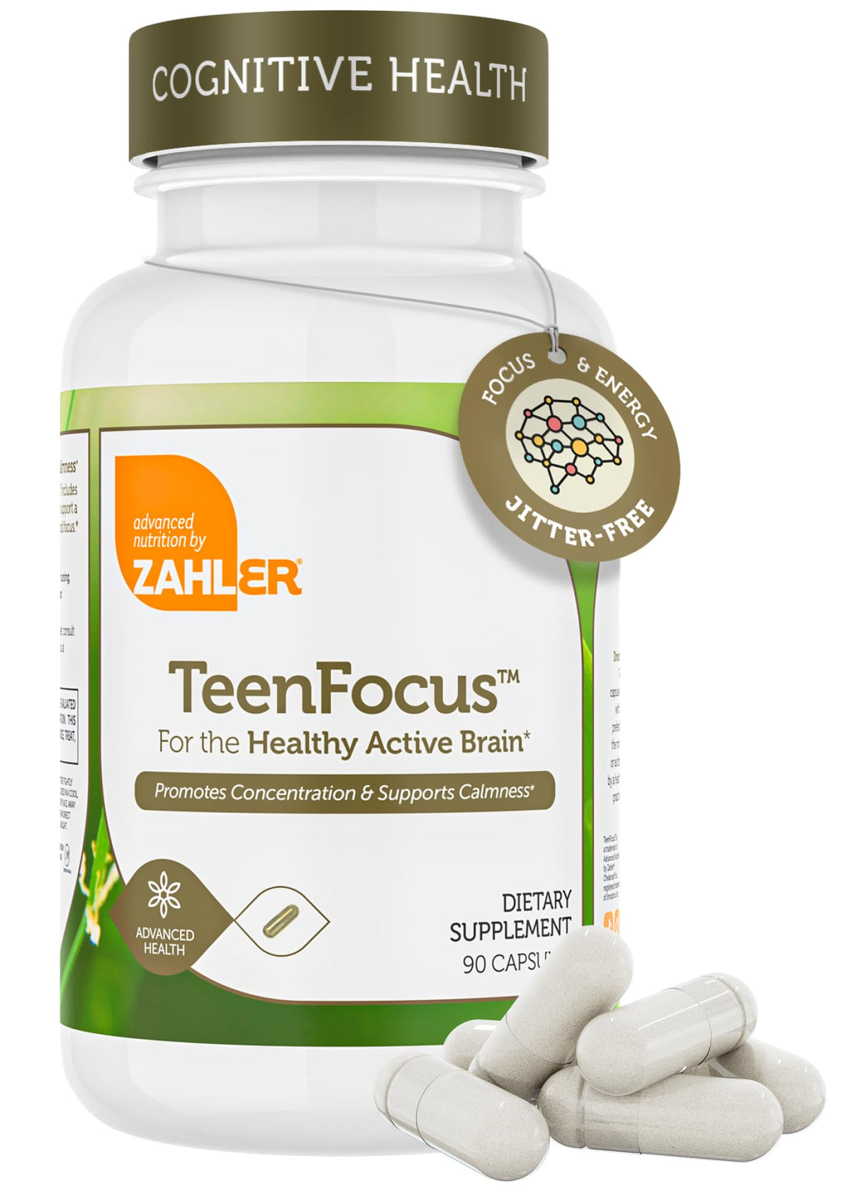 Zahler TeenFocus frasco con 90 cápsulas para concentración en estudio.