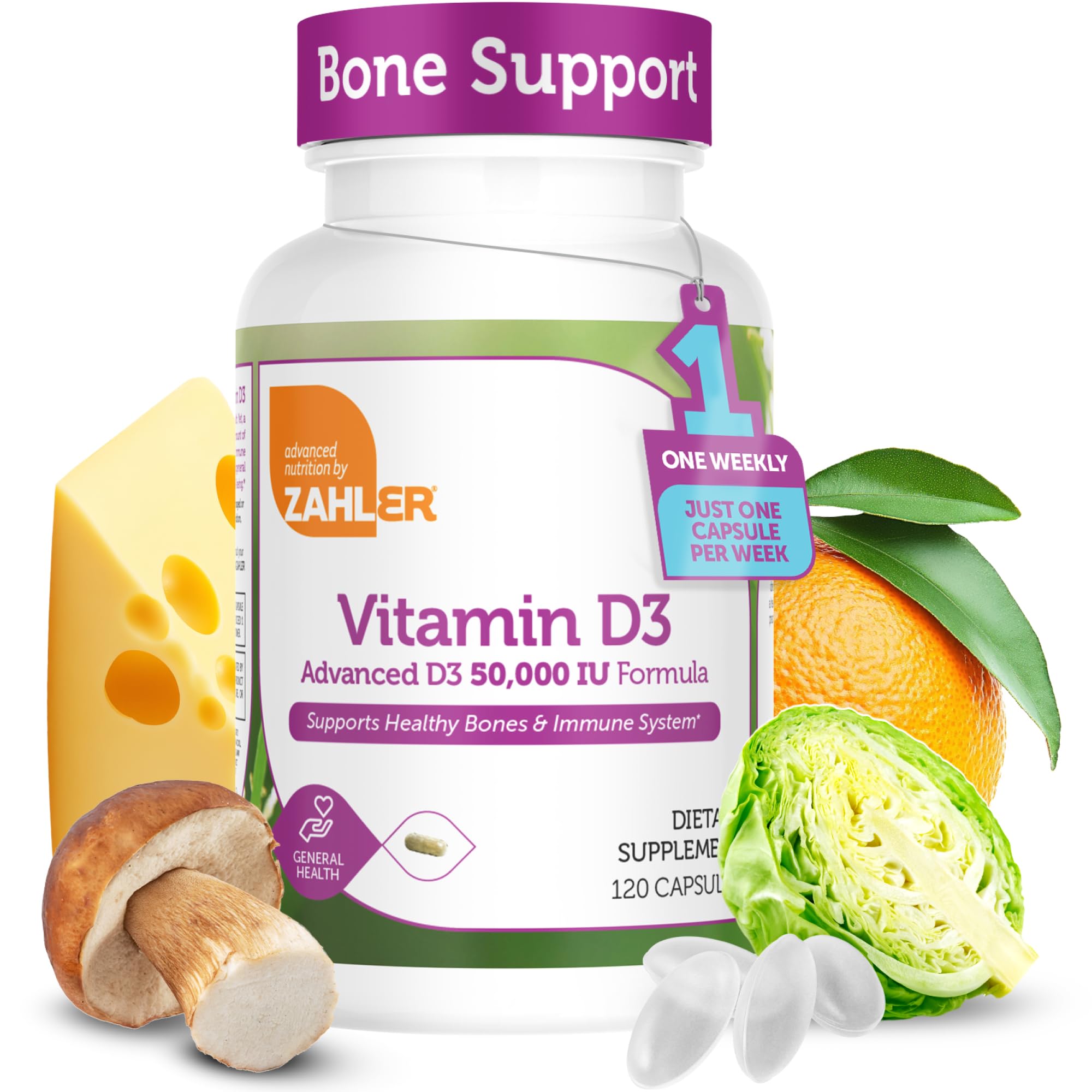 Zahler vitamina D3 50000 UI cápsula, conveniencia semanal para huesos