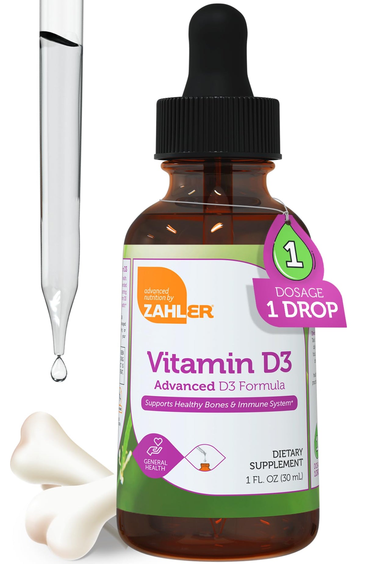 Zahler Vitamina D3 Drops - botella frontal para dosis diaria de huesos y sistema inmune
