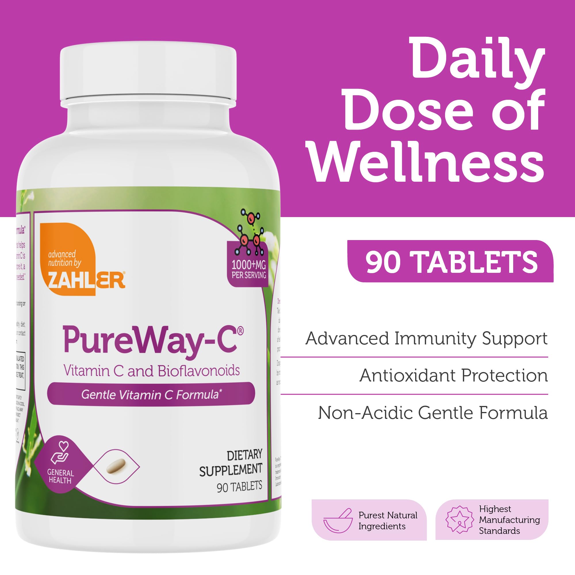 Zahler Vitamina C 1000 mg, fórmula no ácido, tabletas suaves para estómagos sensibles.