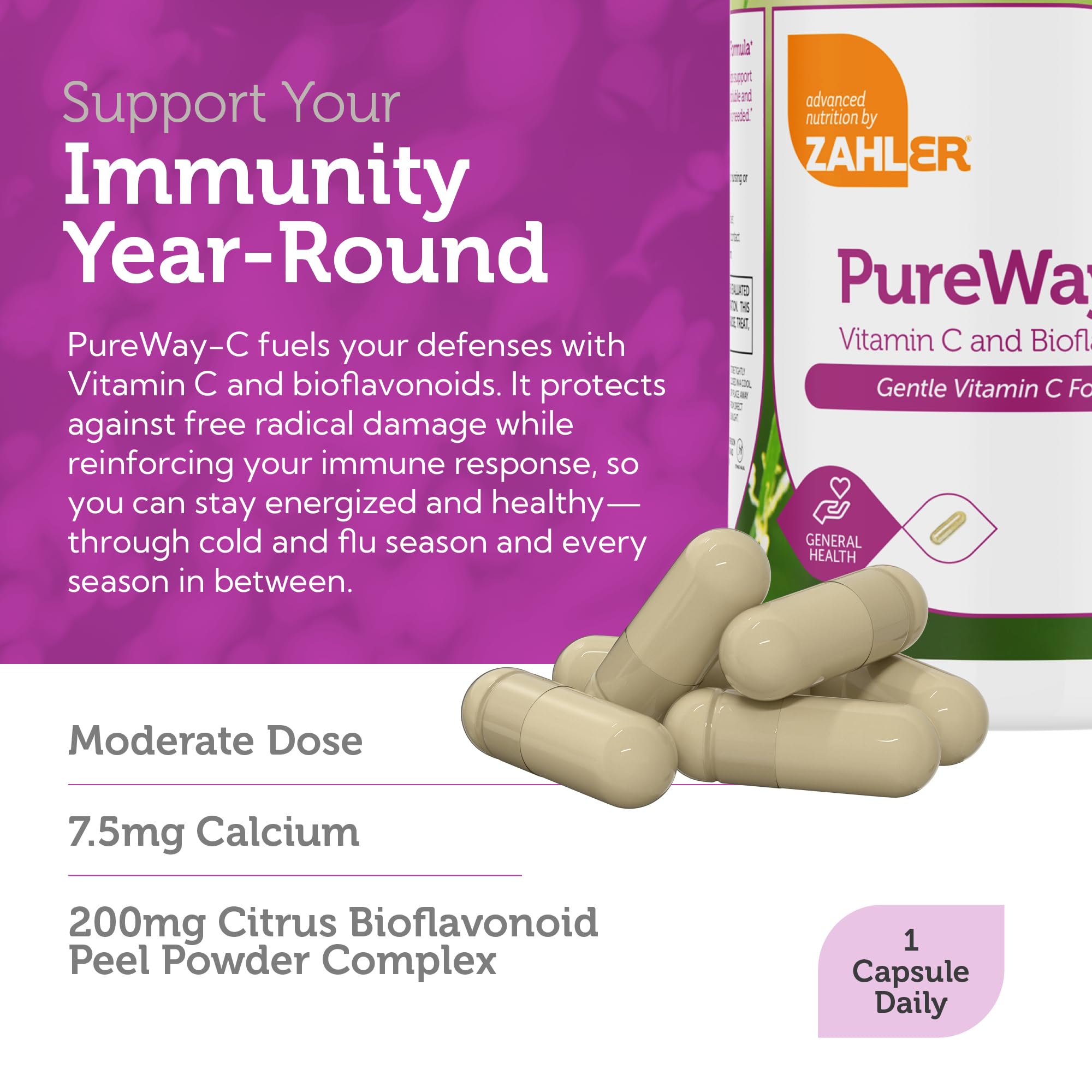 Zahler Vitamina C 500 mg con bioflavonoides en caja; presentación clara para compra diaria.