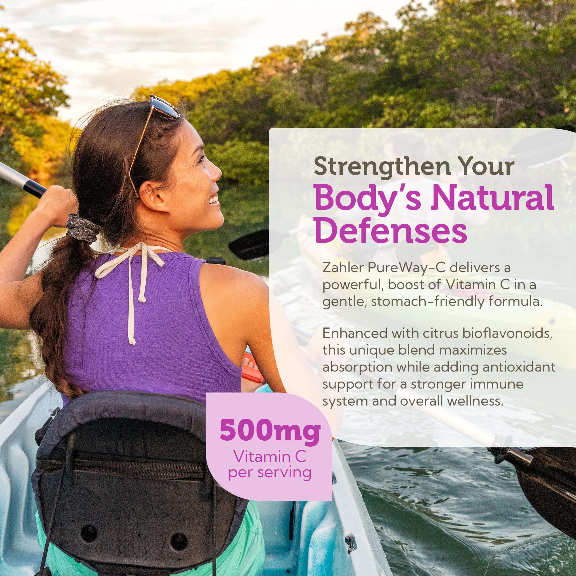 Zahler Vitamina C 500 mg con bioflavonoides; etiqueta clara que destaca ingredientes y beneficios.