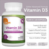 Zahler Vitamina D3 3000 UI, cápsulas fáciles de tragar para adultos.