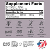 Zahler Vitamina D3 3000 UI, toma diaria para fortalecimiento muscular.