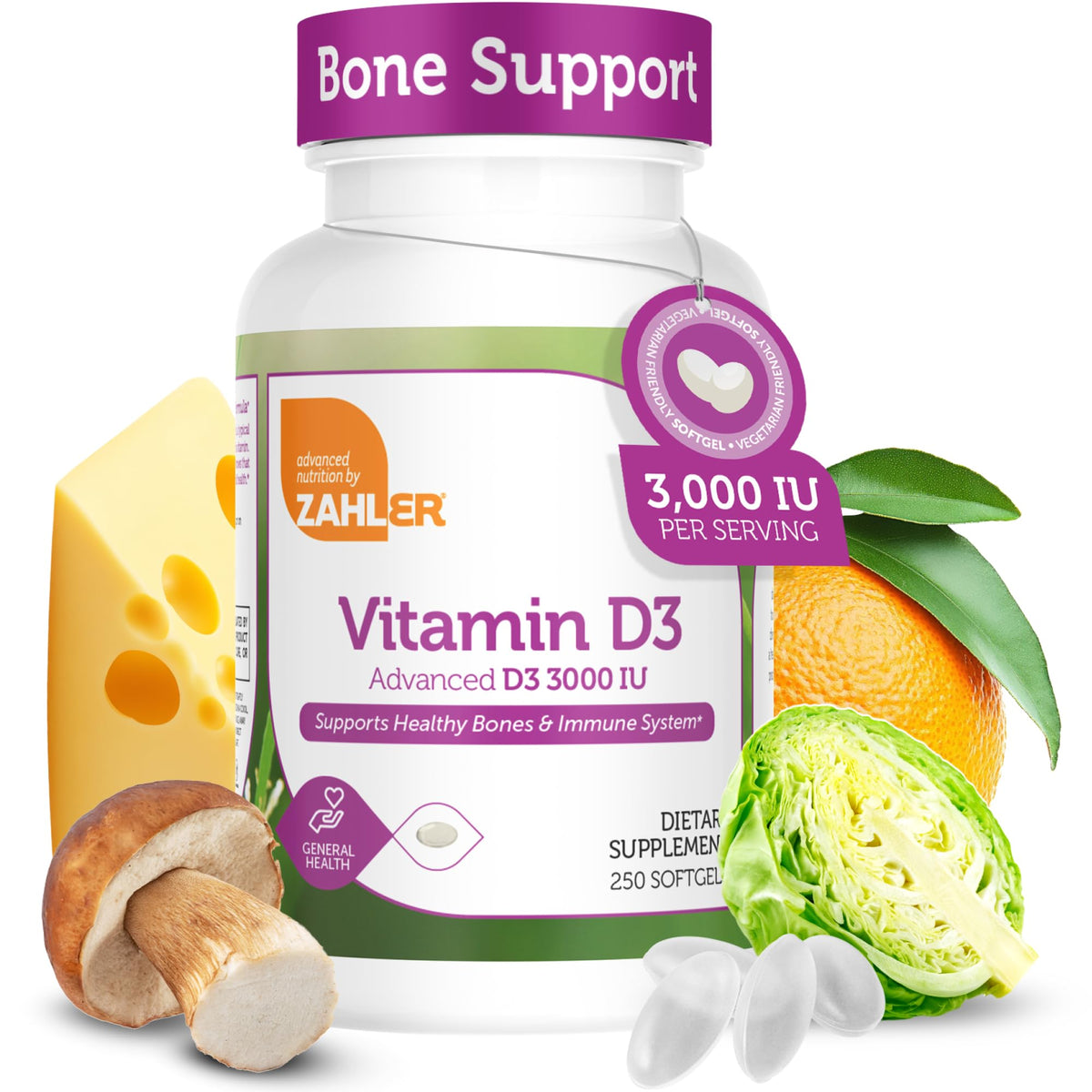 Zahler Vitamin D3 3000IU – botella: apoyo diario para huesos sanos.