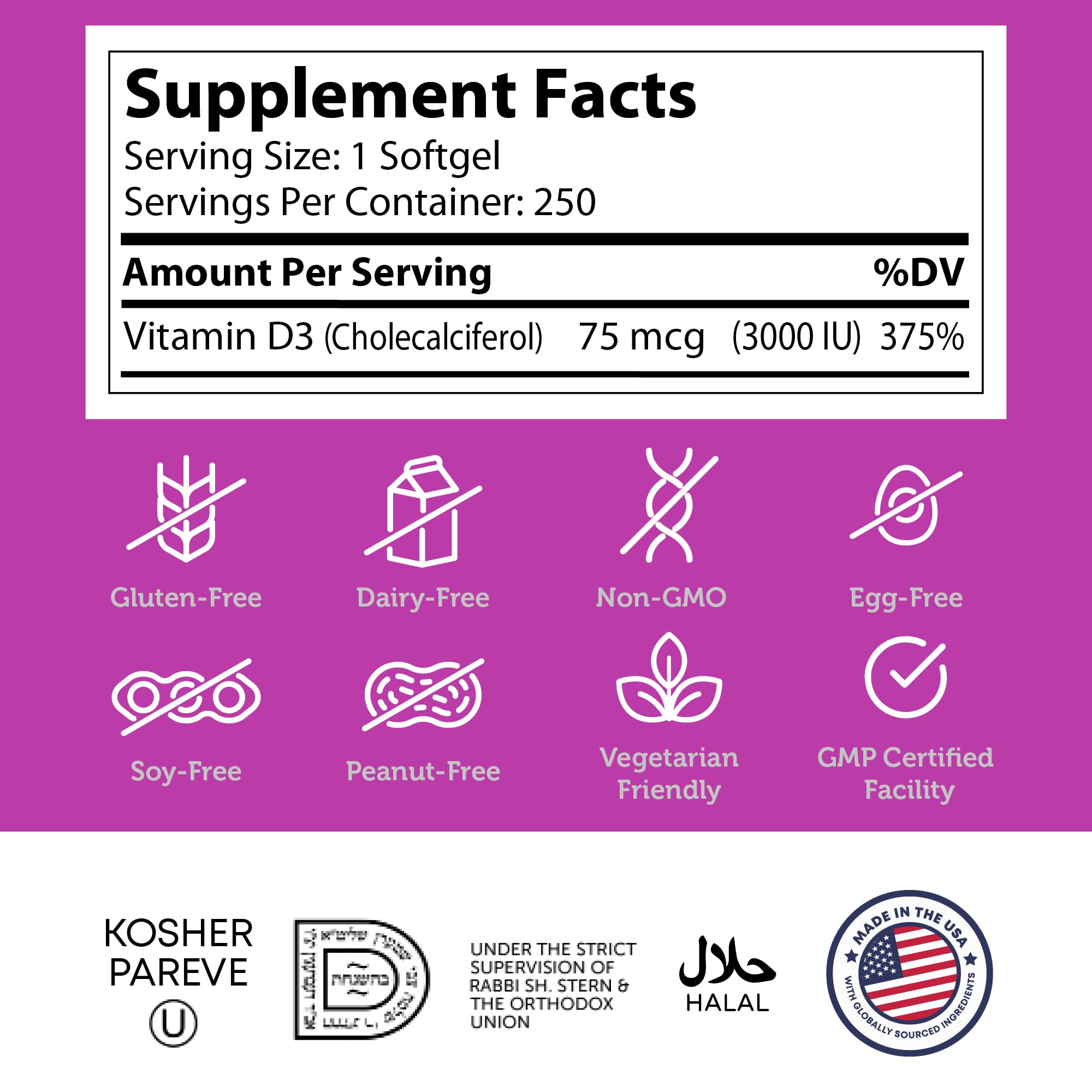 Zahler Vitamin D3 3000IU – embalaje de 250 cápsulas, suministro práctico.